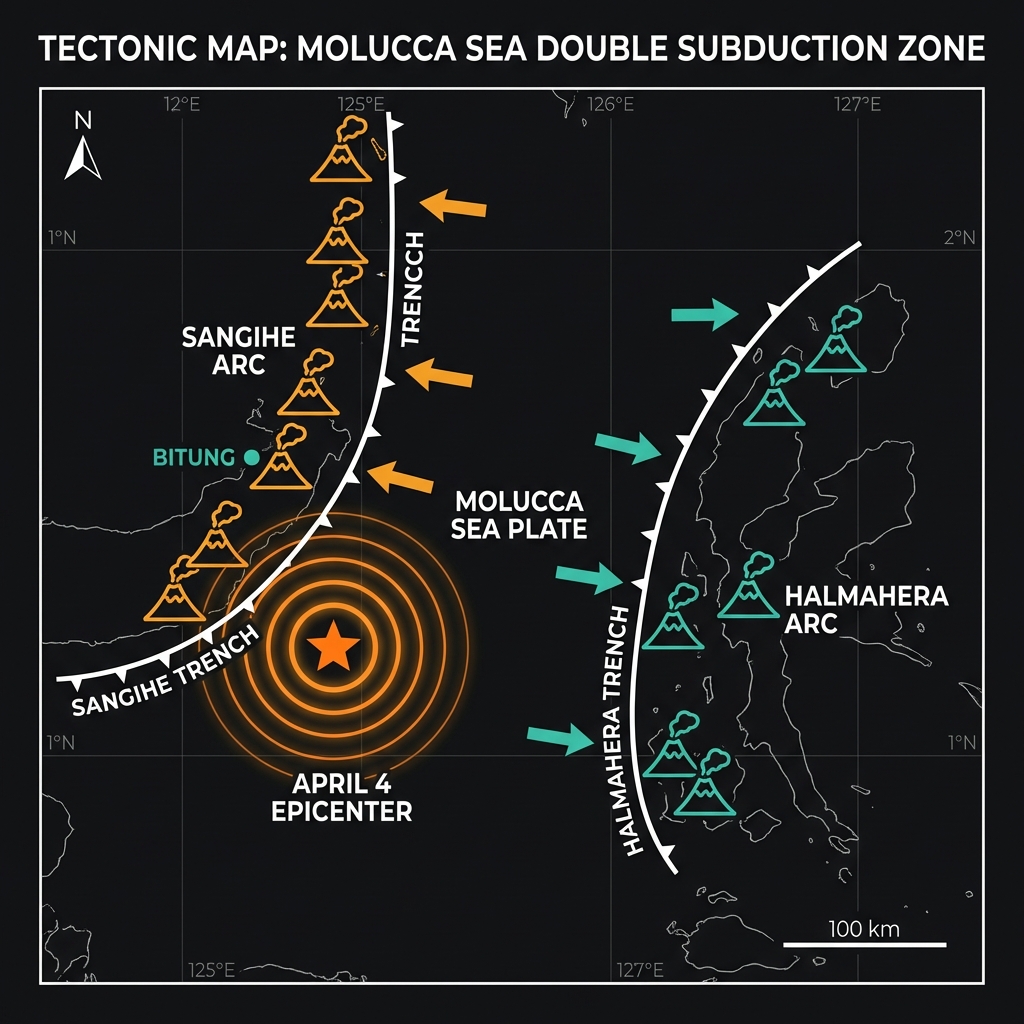 Map diagram showing the double subduction zone with Sangihe and Halmahera arcs consuming the Molucca Sea Plate from opposite directions