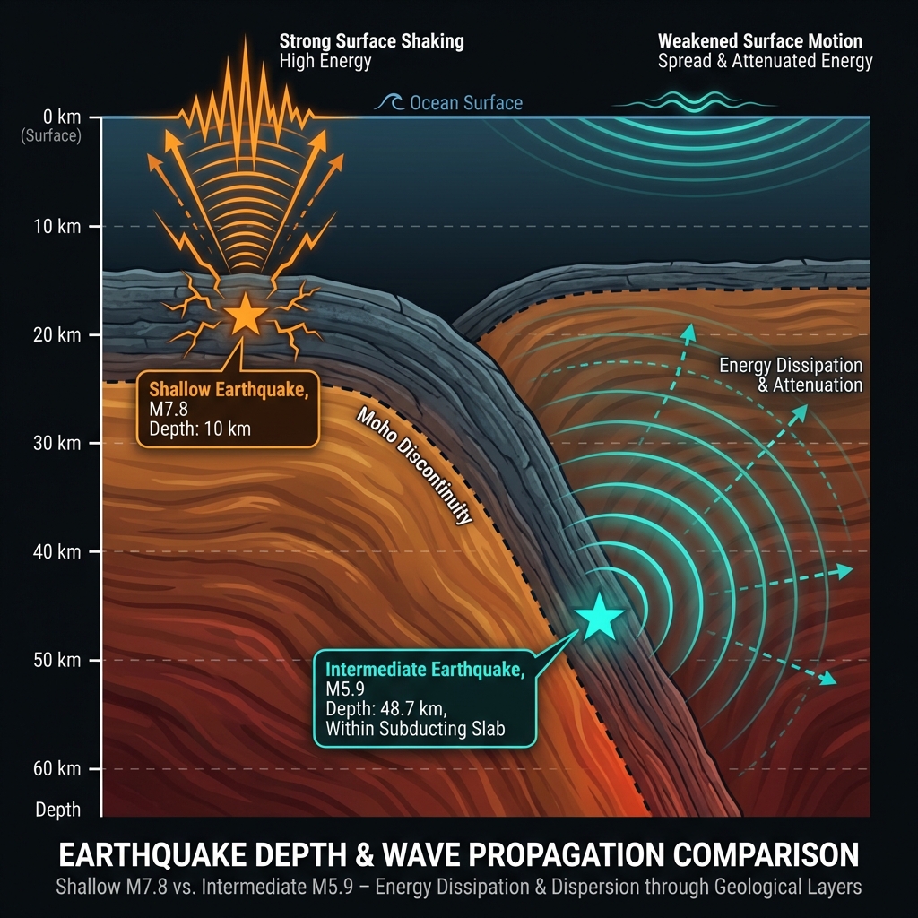 Cross-section diagram comparing shallow and intermediate-depth earthquakes showing how seismic waves attenuate when traveling from greater depths