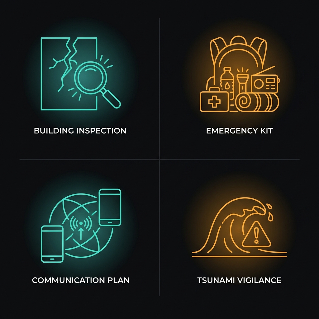 Emergency preparedness infographic with icons for building inspection, emergency kits, family communication plans, and tsunami vigilance