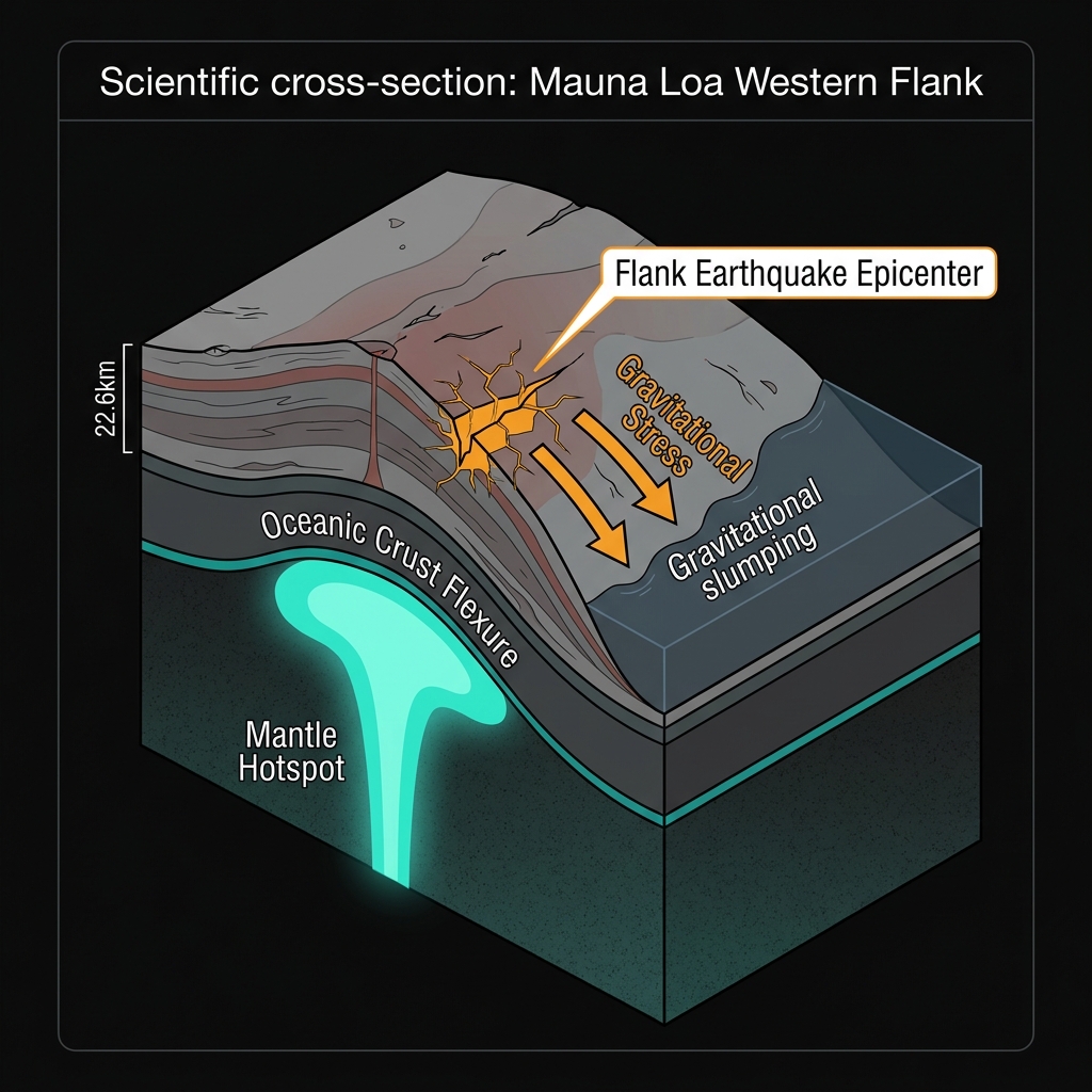 Cross-section diagram showing how gravitational slumping of Mauna Loa's flank causes shallow earthquakes