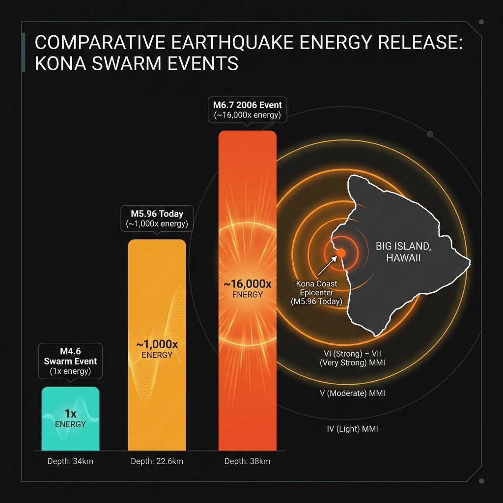 Chart comparing energy release and depth of the recent M5.96 earthquake to the 2006 M6.7 and earlier swarm events
