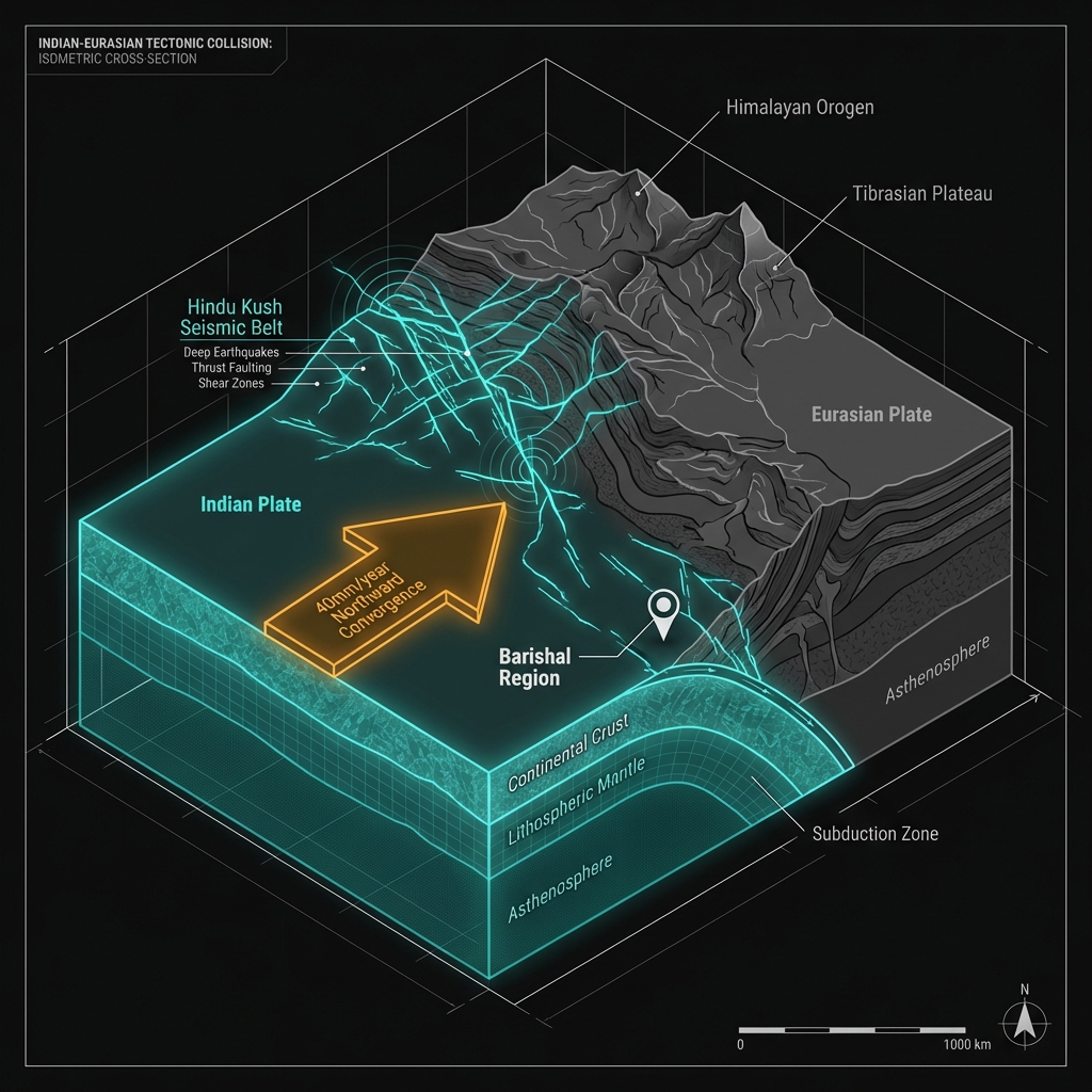 Diagram showing the Indian plate subducting under the Eurasian plate with convergence rates and fault lines marked