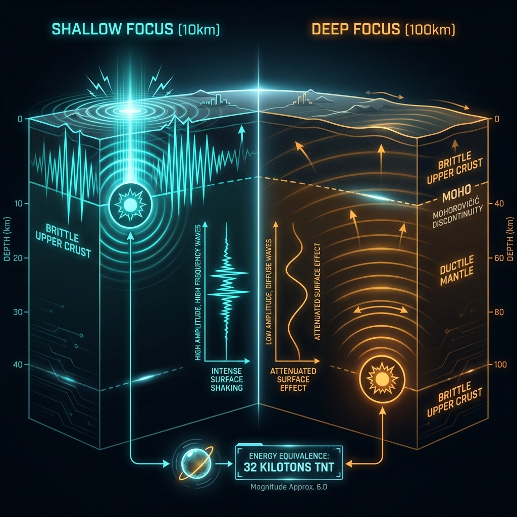 Diagram comparing how seismic waves from shallow earthquakes travel compared to deep earthquakes, showing energy dissipation differences