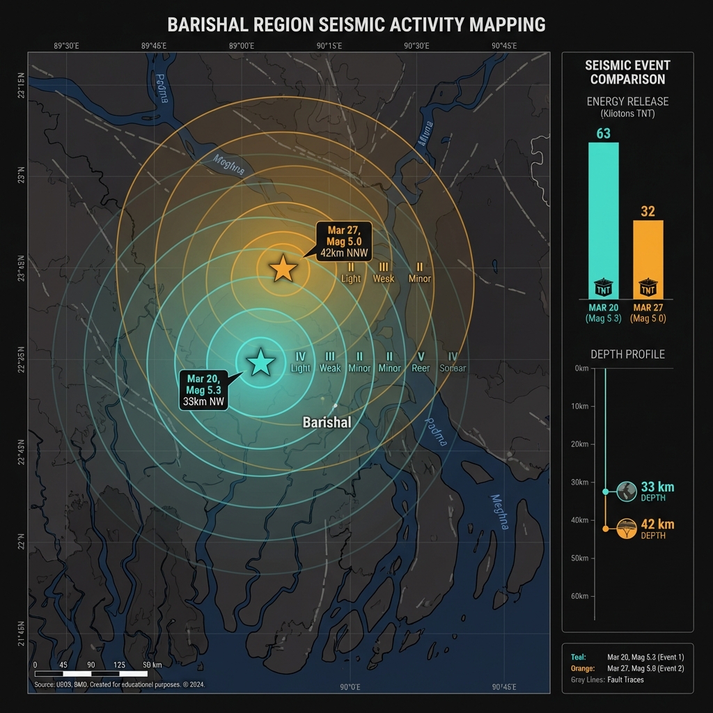 Map comparing the two recent earthquakes near Barishal showing their epicenters, distances, and relative energy release
