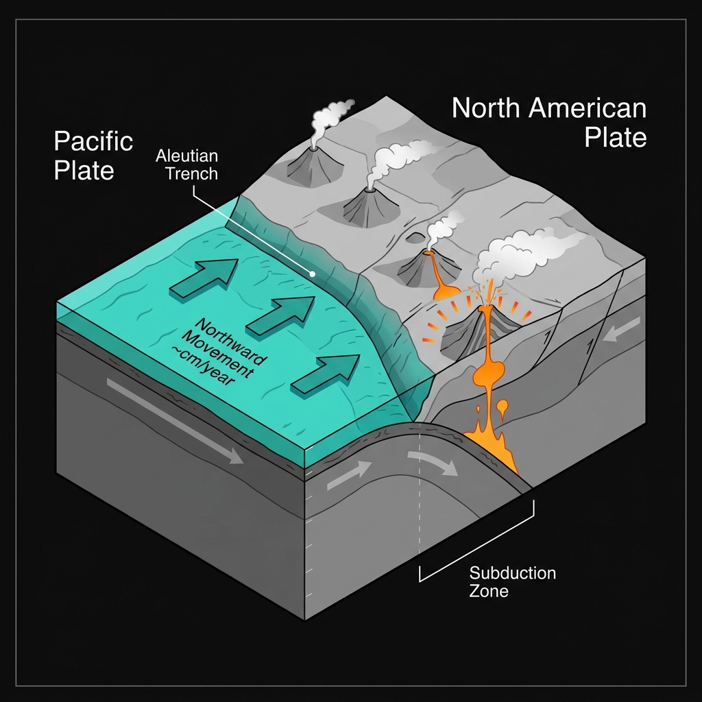 Diagram showing the Pacific Plate subducting beneath the North American Plate at the Aleutian Trench