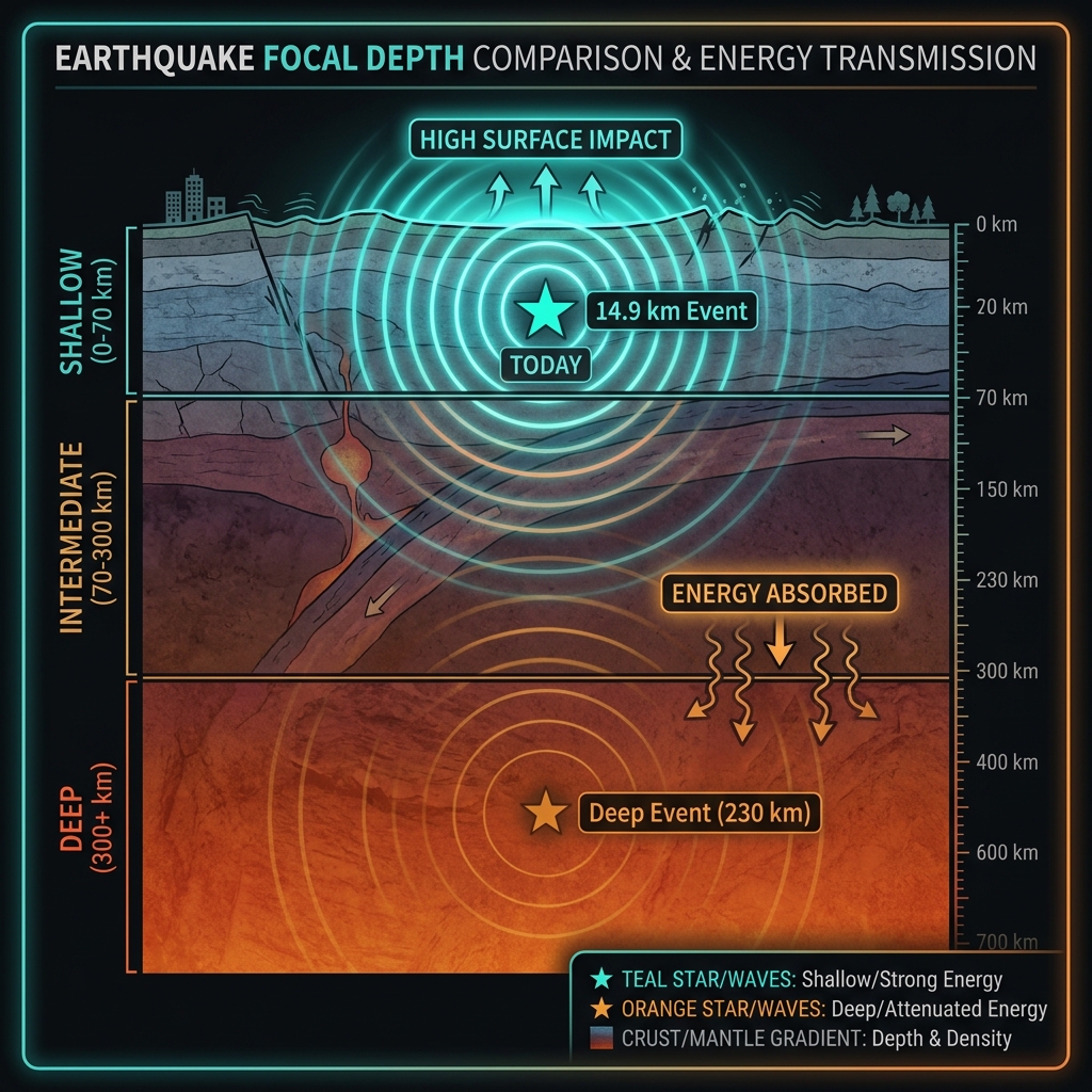 Diagram comparing shallow, intermediate, and deep earthquake focal depths showing energy transmission to surface