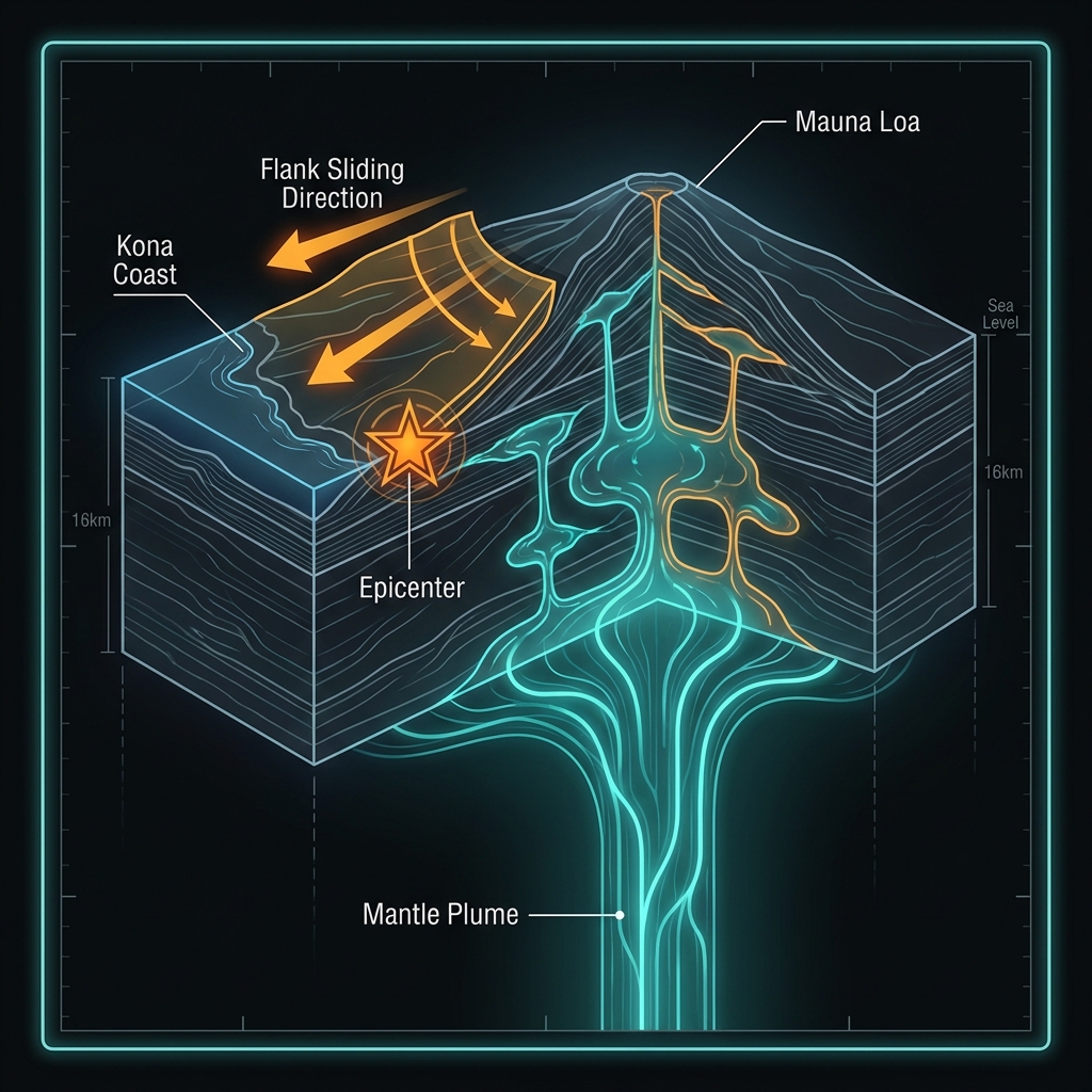 Geological cross-section showing mantle plume, Mauna Loa structure, and flank sliding mechanism causing Kona earthquakes