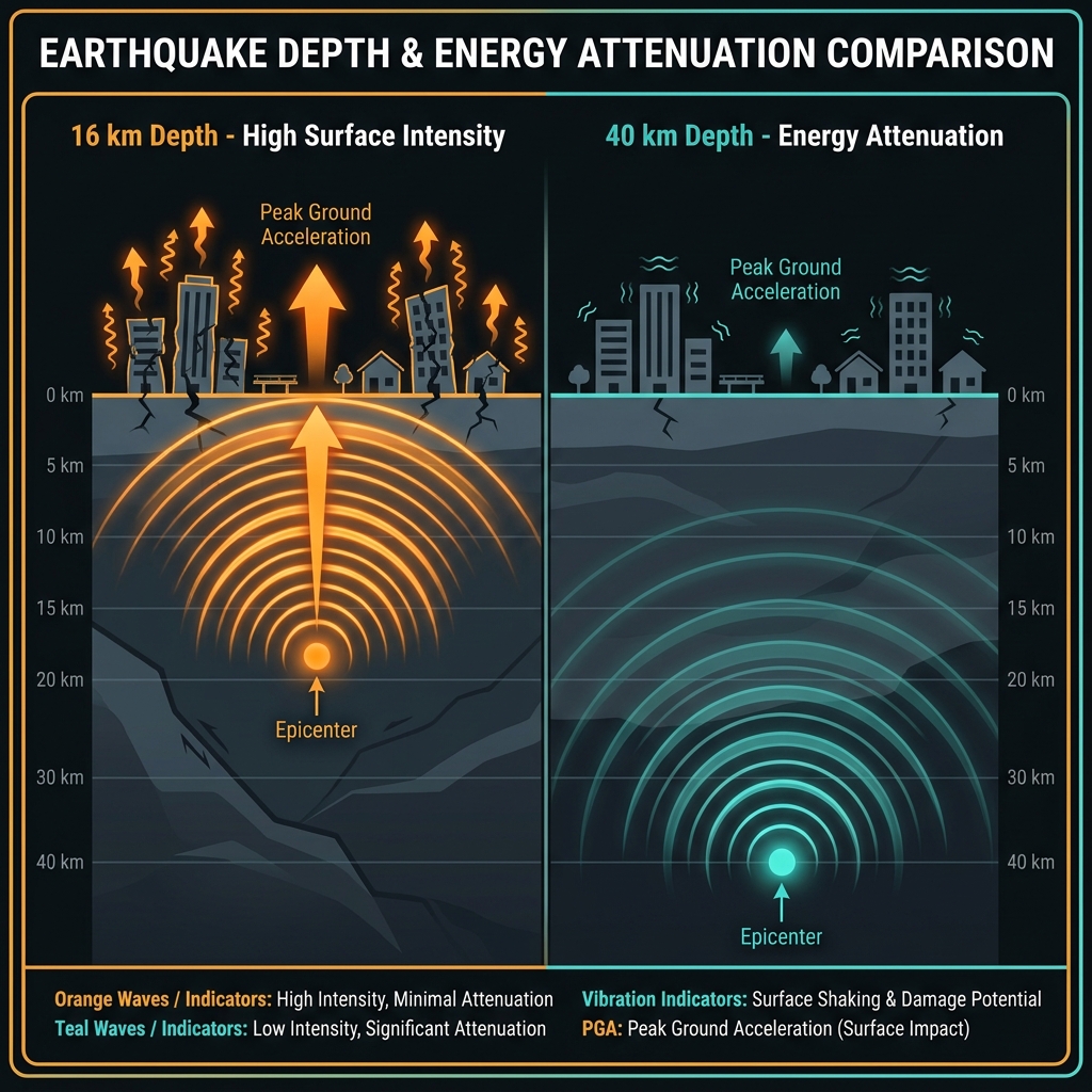 Diagram comparing shallow 16km earthquake energy propagation versus deeper quakes showing intensity differences at surface