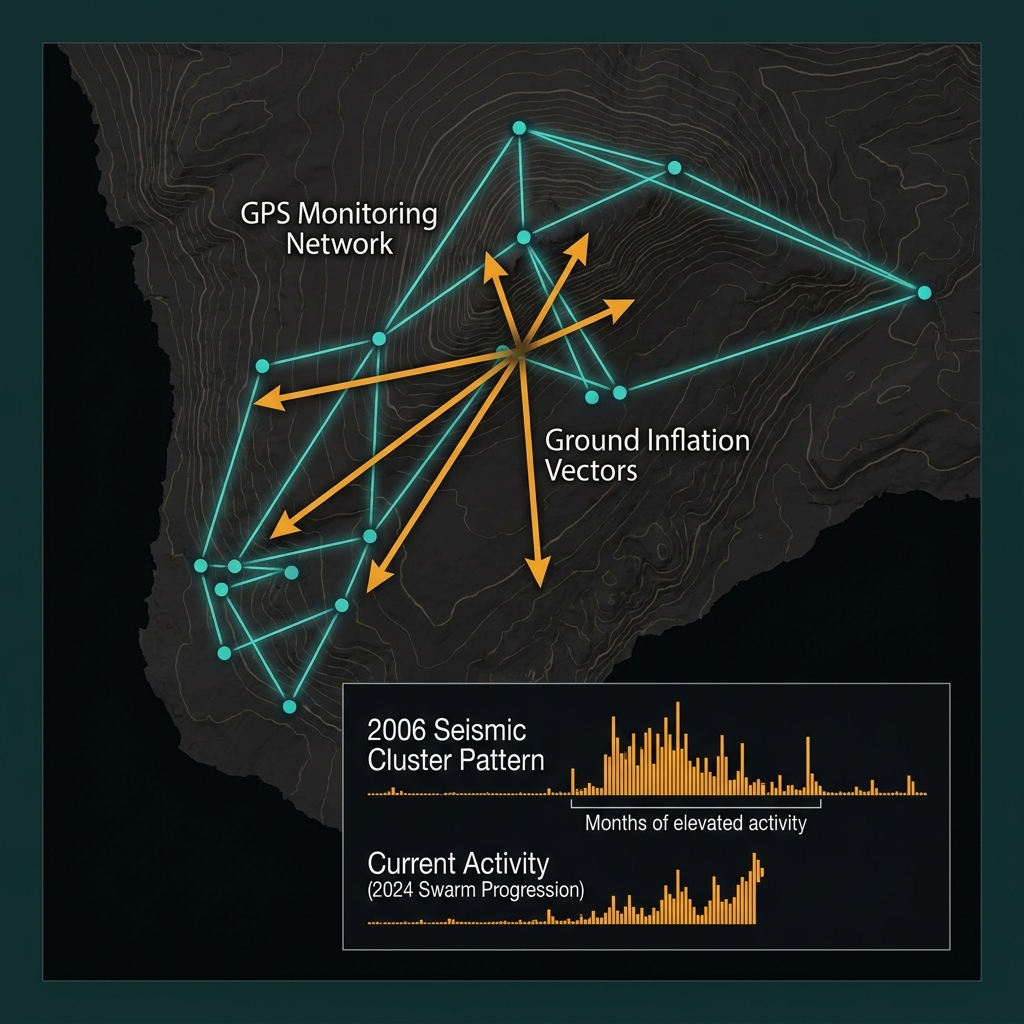 GPS monitoring network diagram showing ground inflation detection and historical earthquake clustering patterns for Mauna Loa