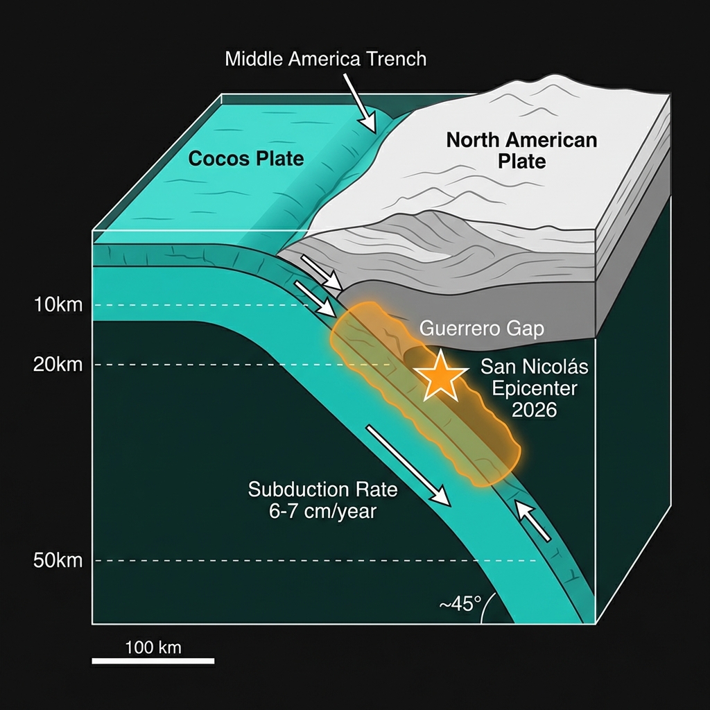 Diagram showing the Cocos Plate subducting beneath the North American Plate at the Middle America Trench, marking the San Nicolás epicenter and Guerrero Gap