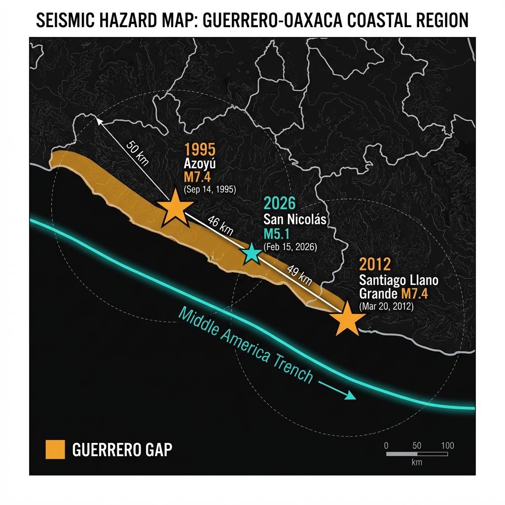 Map of Guerrero state showing the locations of the 1995, 2012, and 2026 earthquakes relative to the Guerrero Gap, with distance measurements between epicenters