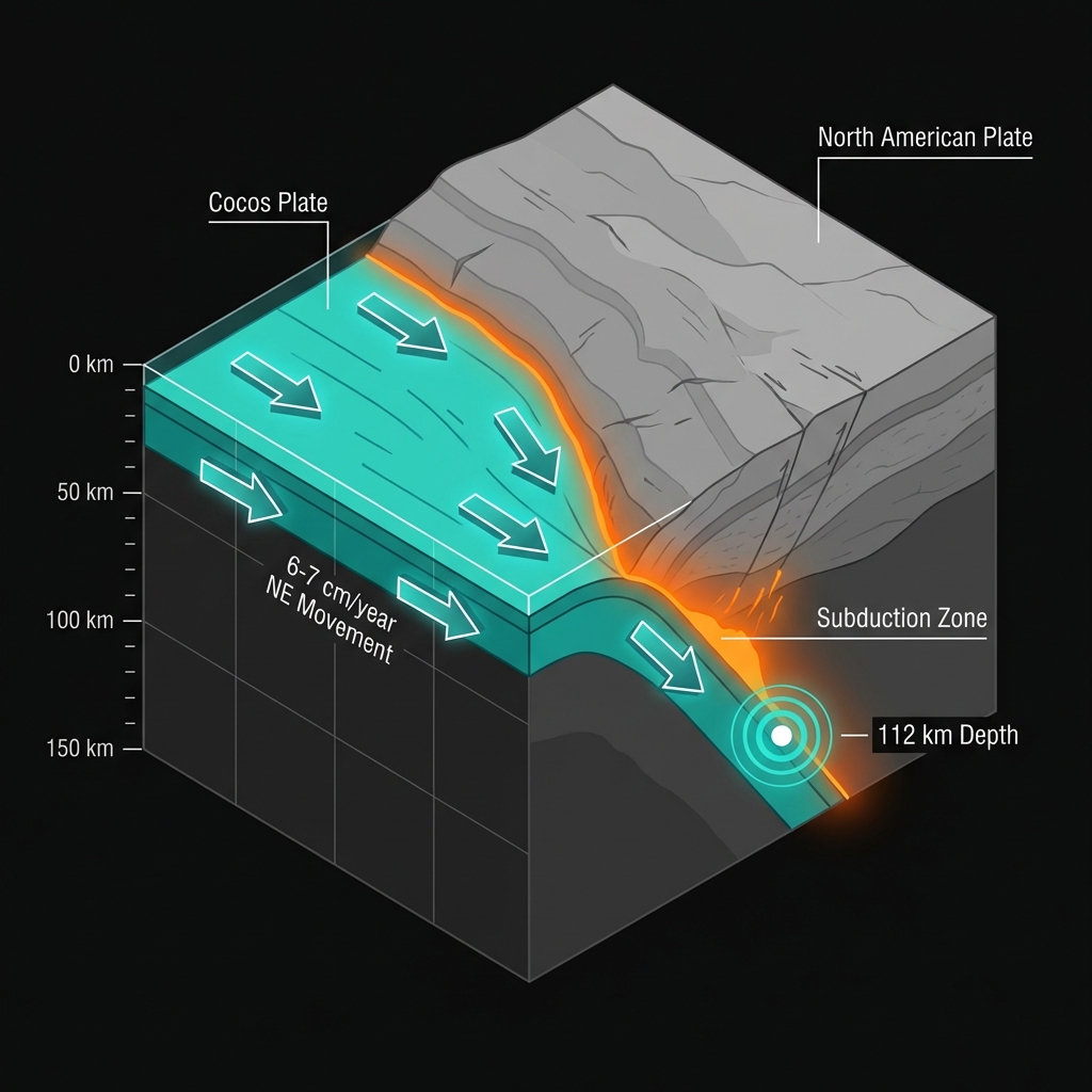 Diagram showing the Cocos Plate subducting beneath the North American Plate with depth markers and movement arrows