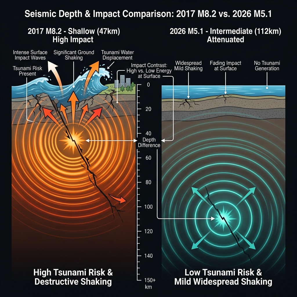 Comparison diagram showing the difference between shallow 47km depth and intermediate 112km depth earthquakes with wave propagation patterns