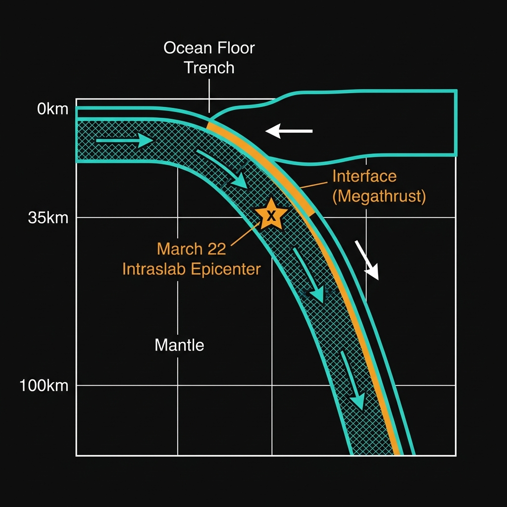 Diagram showing a cross-section of the subduction zone with the descending Indo-Australian plate, marking the difference between shallow interface earthquakes and deeper intraslab earthquakes at 35 kilometers depth