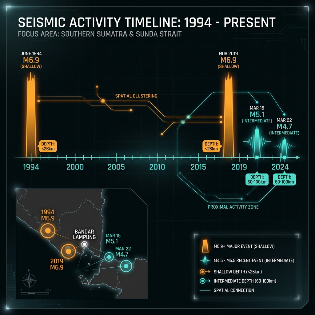 Timeline diagram showing the sequence of significant earthquakes in the region from 1994 to 2024, distinguishing between the recent March 2024 cluster and historical magnitude 6.9 events