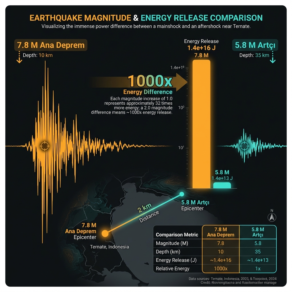 Infographic comparing the 7.8 magnitude mainshock and 5.8 magnitude aftershock energy release and depth