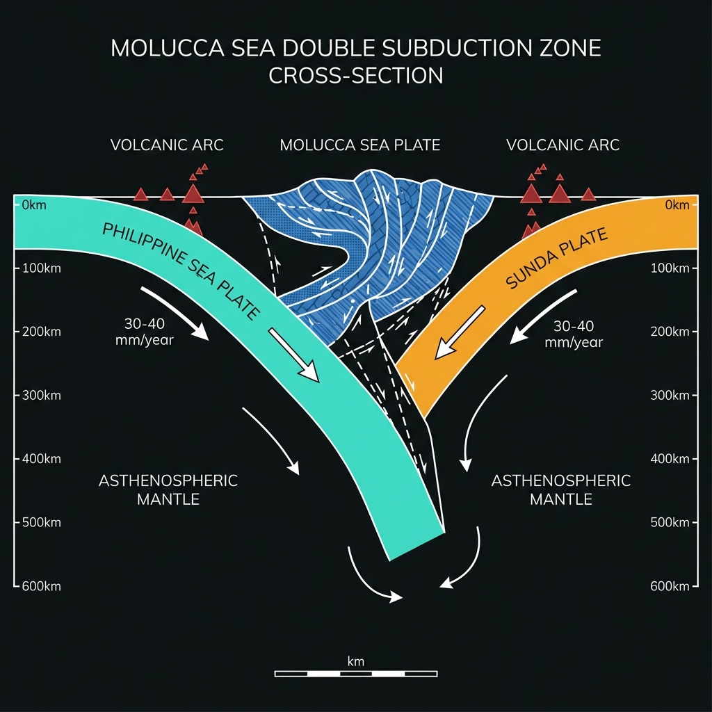 Diagram showing the double subduction zone where the Philippine Sea Plate and Sunda Plate converge on the Molucca Sea Plate from opposite directions
