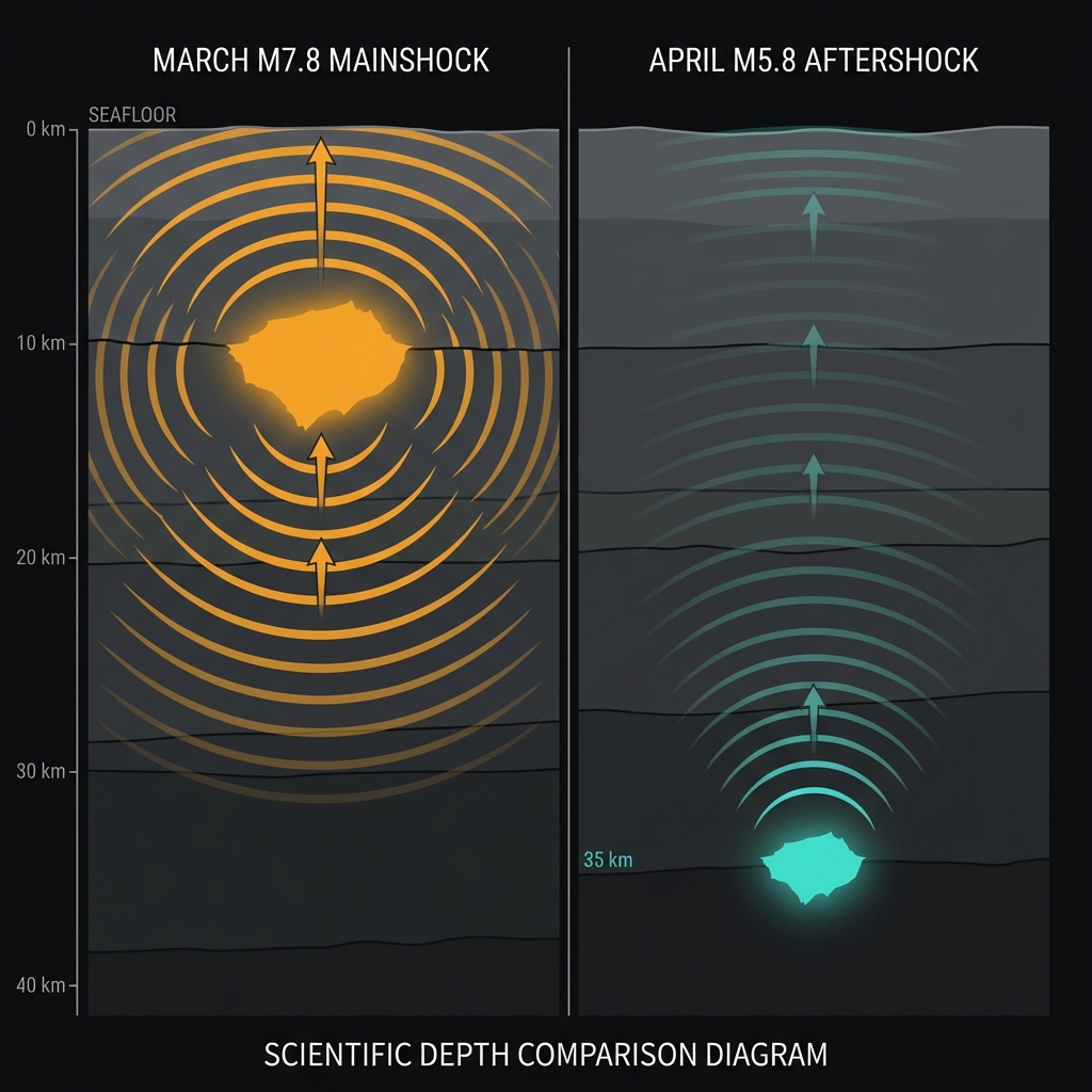 Diagram comparing the shallow 10km depth of the mainshock versus the deeper 35km depth of the aftershock, showing energy attenuation differences
