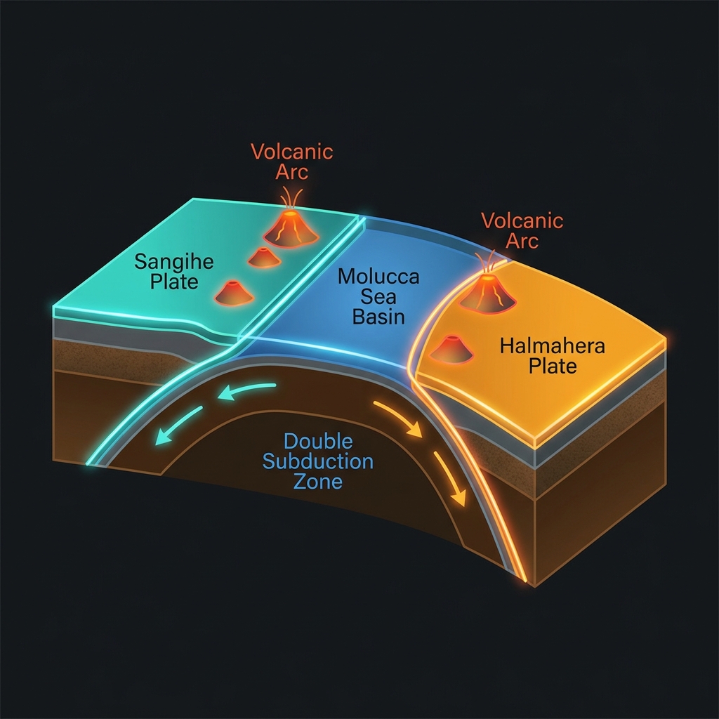 Diagram showing the double subduction zone of the Molucca Sea where Sangihe and Halmahera plates collide