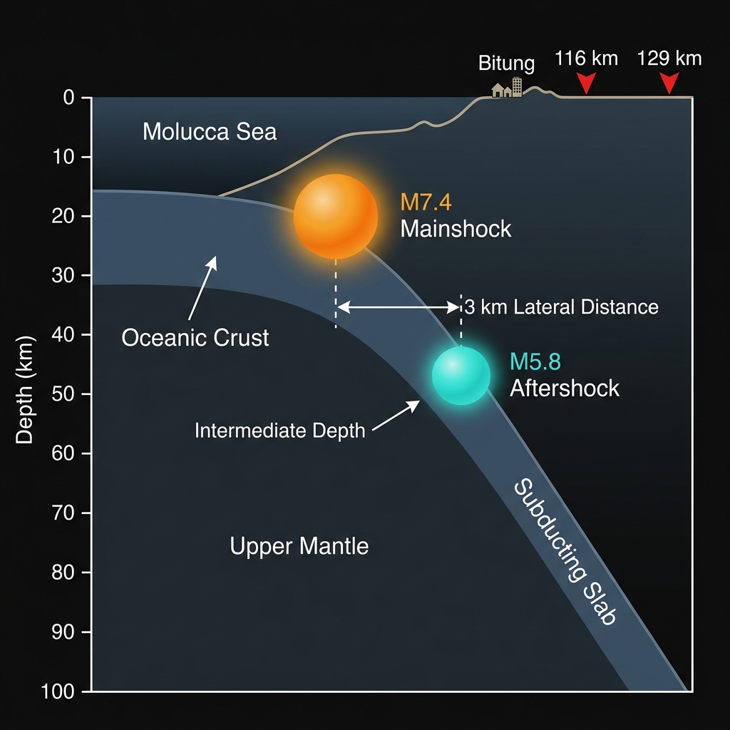 Cross-section diagram comparing the depth and distance between the M7.4 mainshock and M5.8 aftershock in the subducting plate