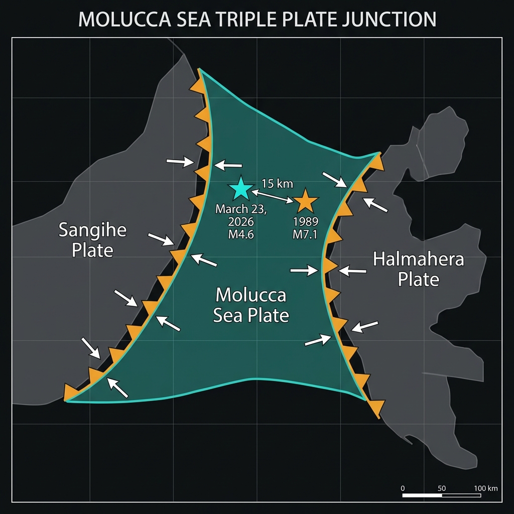 Diagram showing the Molucca Sea Plate subducting beneath both the Sangihe and Halmahera plates, with epicenters of the 2026 and 1989 earthquakes marked 15 kilometers apart