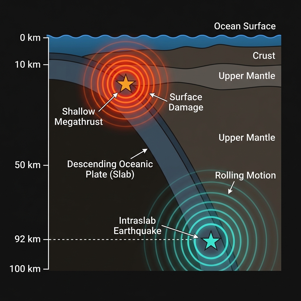 Cross-section diagram comparing a shallow megathrust earthquake at 10km depth with intense surface shaking versus the deep 92km intraslab earthquake with dispersed rolling motion