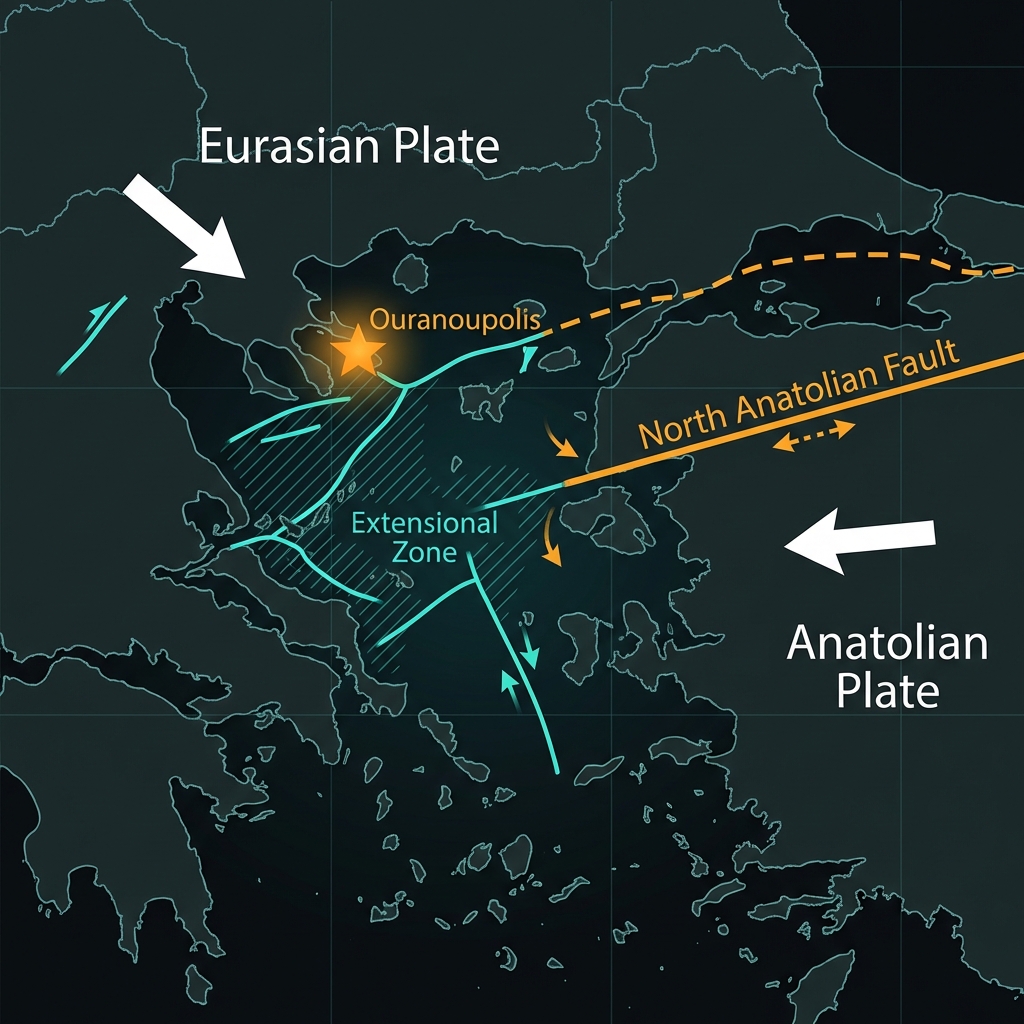 Tectonic map showing Anatolian and Eurasian plate interaction in the North Aegean with Ouranoupolis epicenter marked