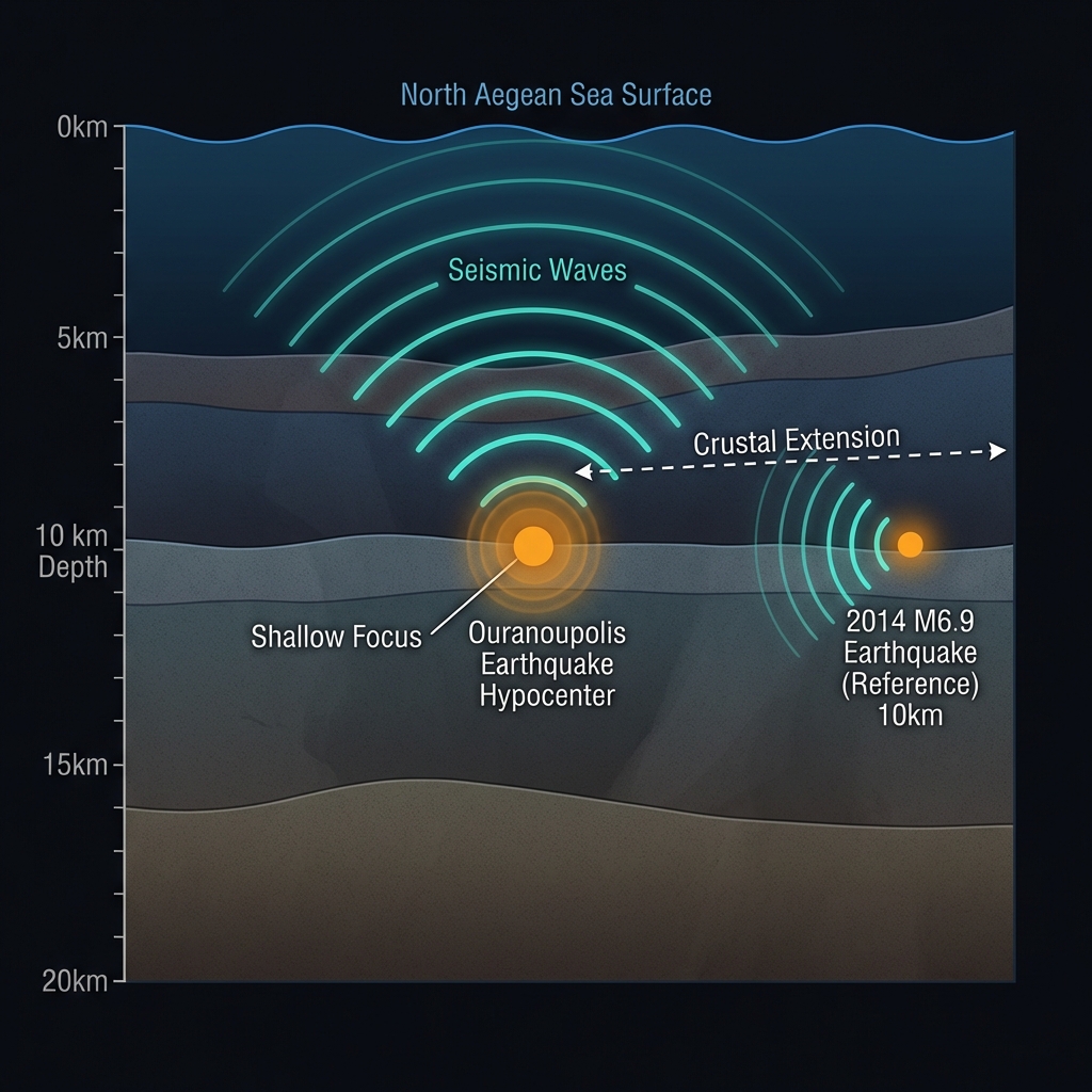 Cross-section diagram comparing shallow earthquake depths and energy propagation in the North Aegean crust
