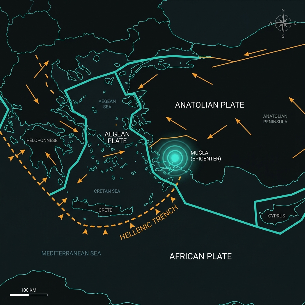 Tectonic map showing Anatolian, Aegean and African plate boundaries with the Helenic Subduction Zone near Muğla