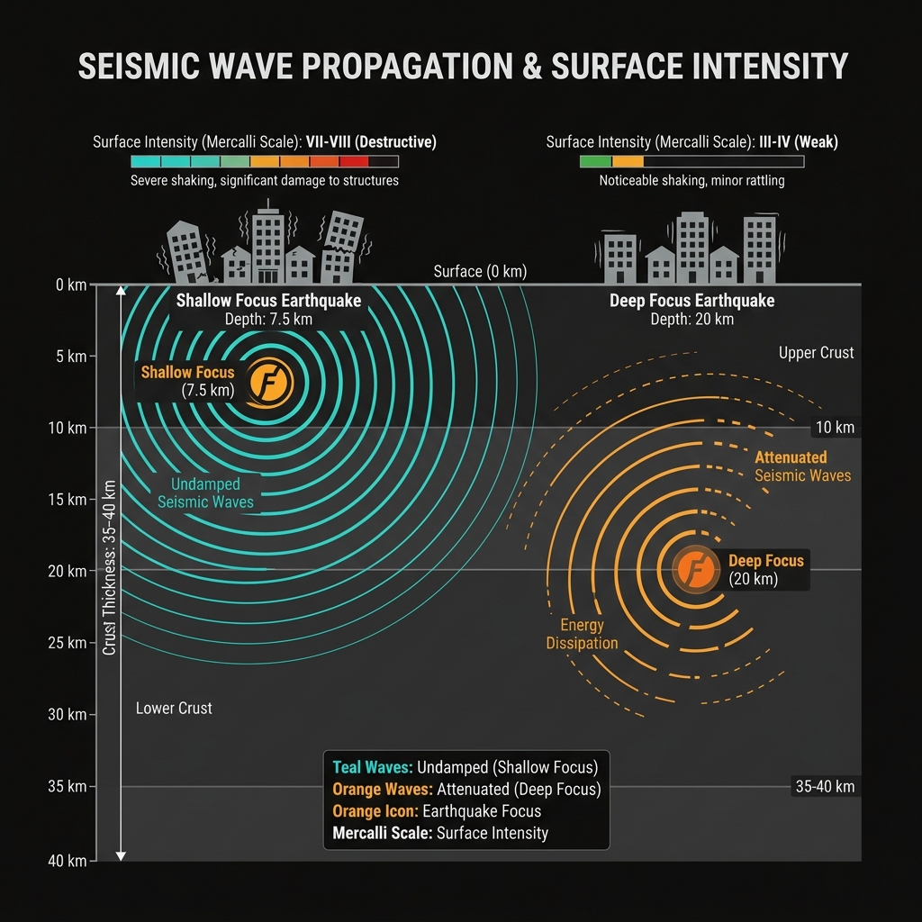 Cross-section diagram comparing 7.5km shallow earthquake energy transmission to deeper 20km events and surface impact