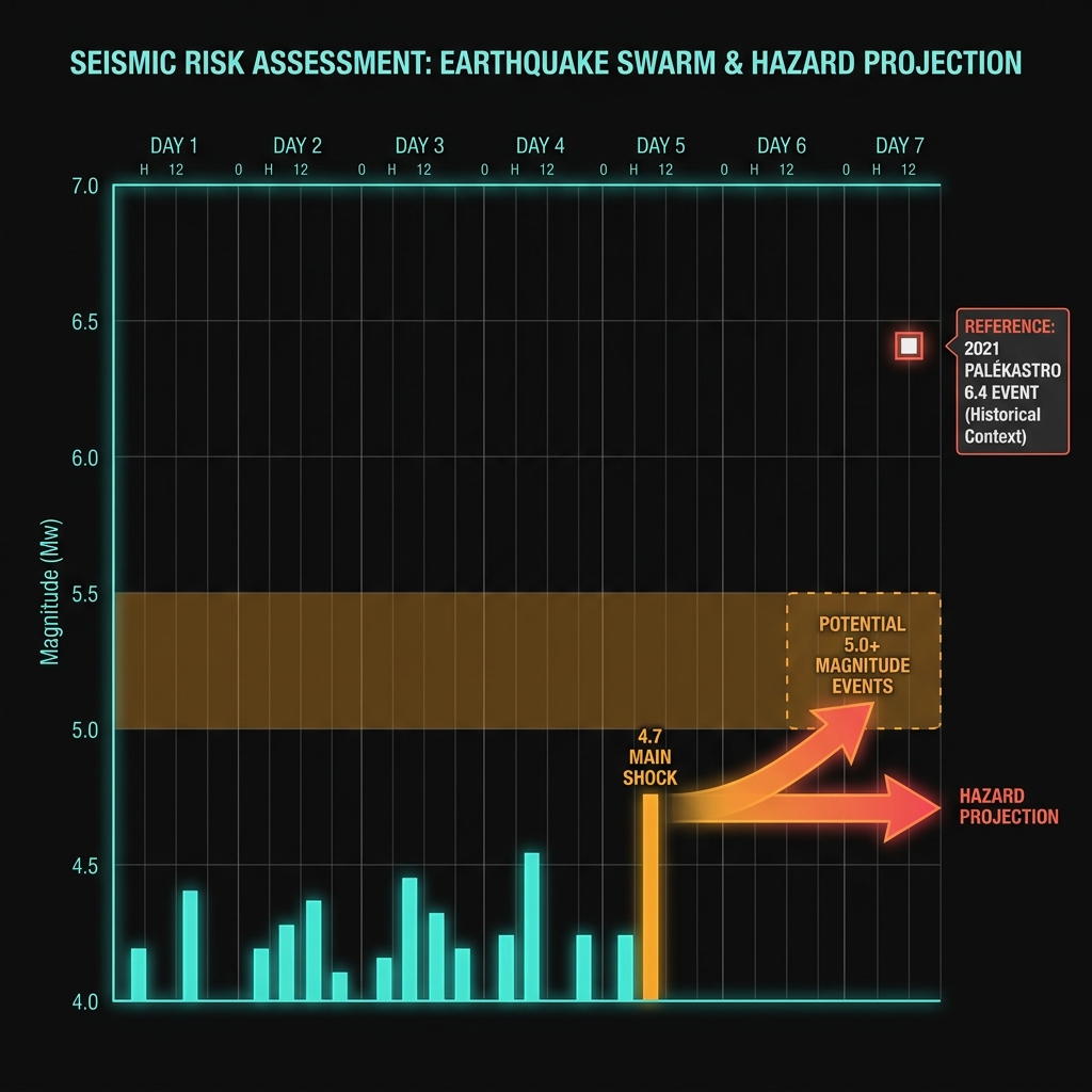 Earthquake swarm magnitude chart showing 14 recent events and projected risk for larger magnitude earthquakes