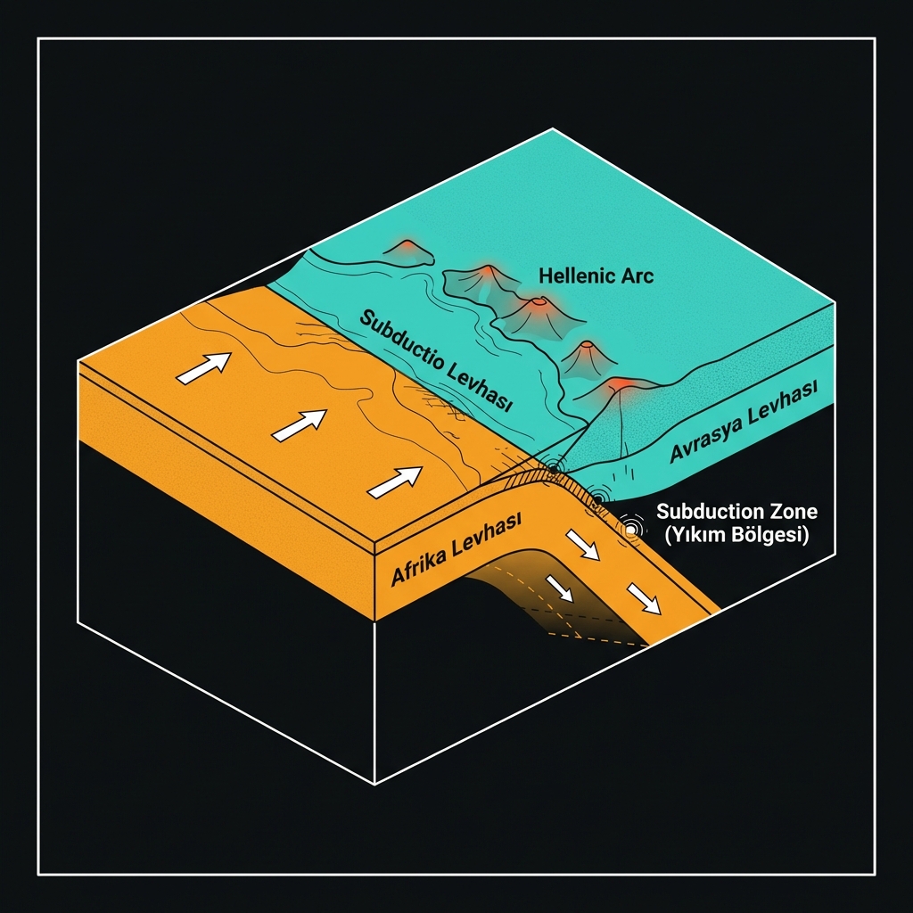 Diagram showing the Hellenic Subduction Zone with African Plate subducting beneath Eurasian Plate, labeled in Turkish.