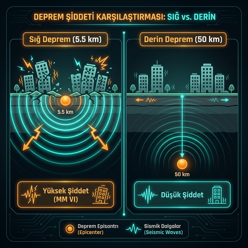 Infographic comparing 5.5km shallow earthquake versus 50km deep earthquake, showing energy wave attenuation and surface impact differences.