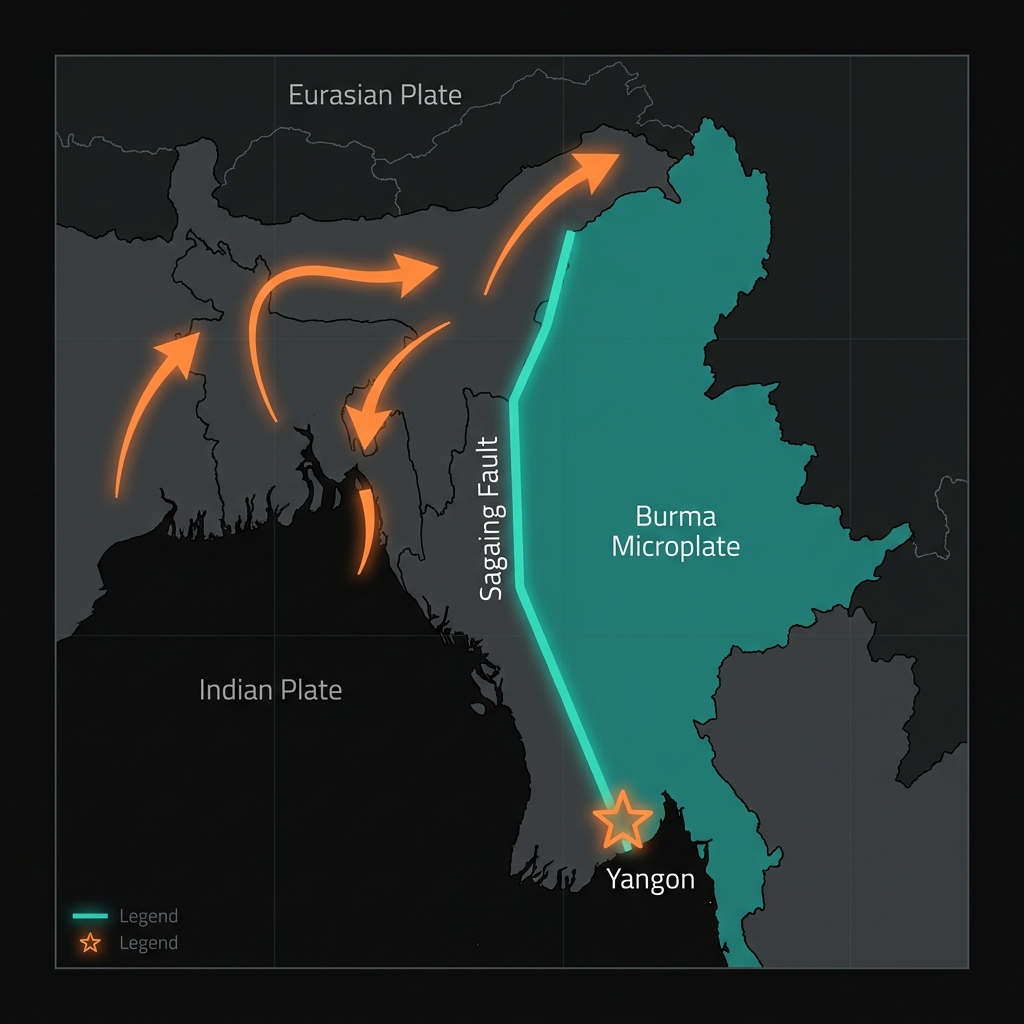 Tectonic diagram showing the Sagaing Fault transform boundary between the Indian and Burma plates