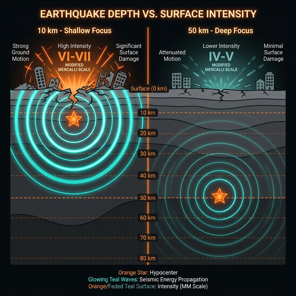 Diagram comparing shallow 10km earthquake energy dissipation versus deeper earthquakes