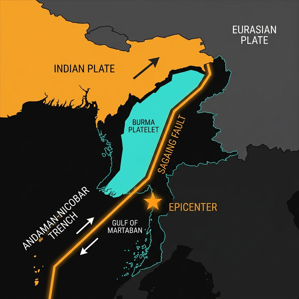 Tectonic diagram showing the Burma Platelet between Indian and Eurasian plates with the Sagaing Fault and epicenter location