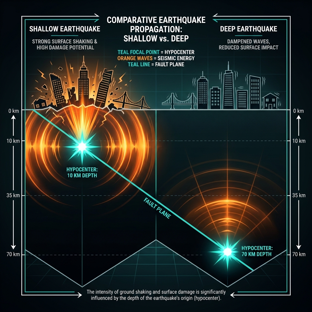 Cross-section diagram comparing shallow 10km earthquake energy transmission versus deeper seismic events
