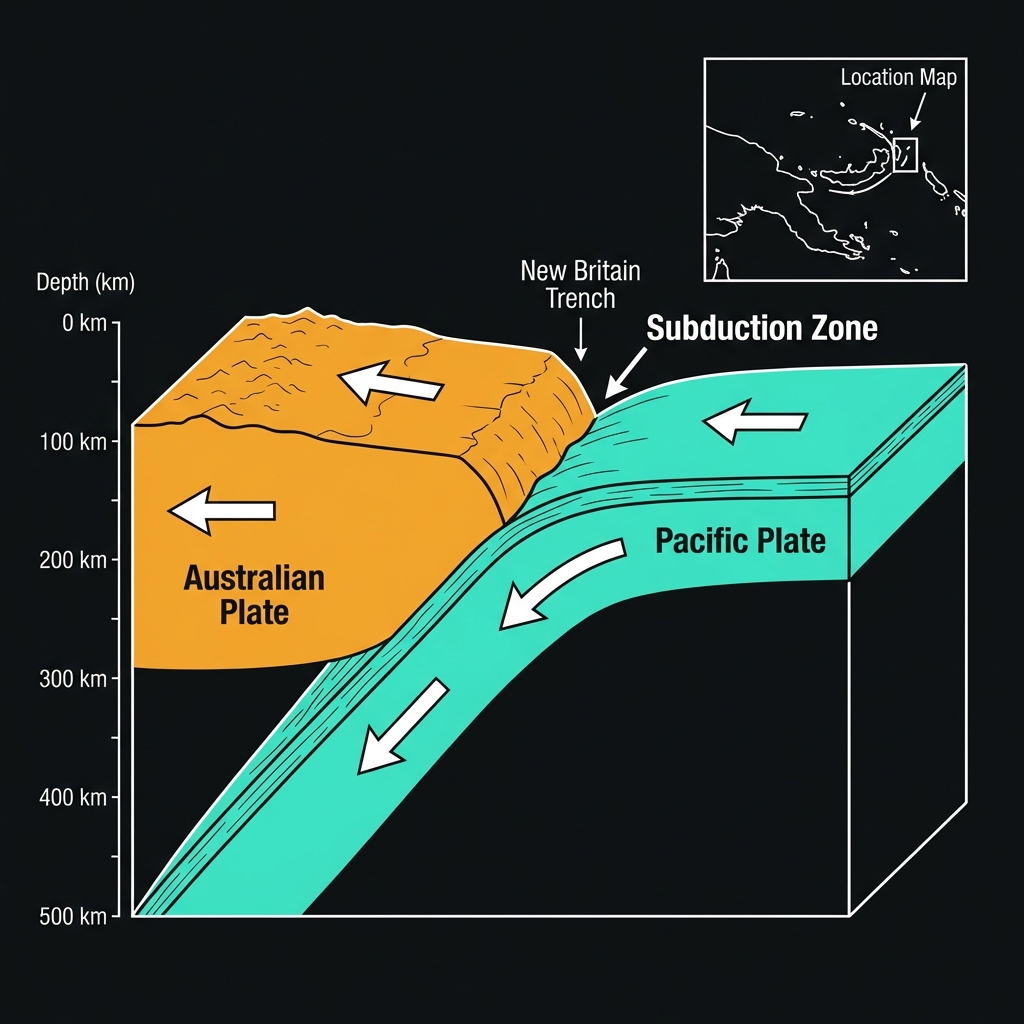 Cross-section diagram showing the Pacific Plate subducting beneath the Australian Plate at the New Britain Trench