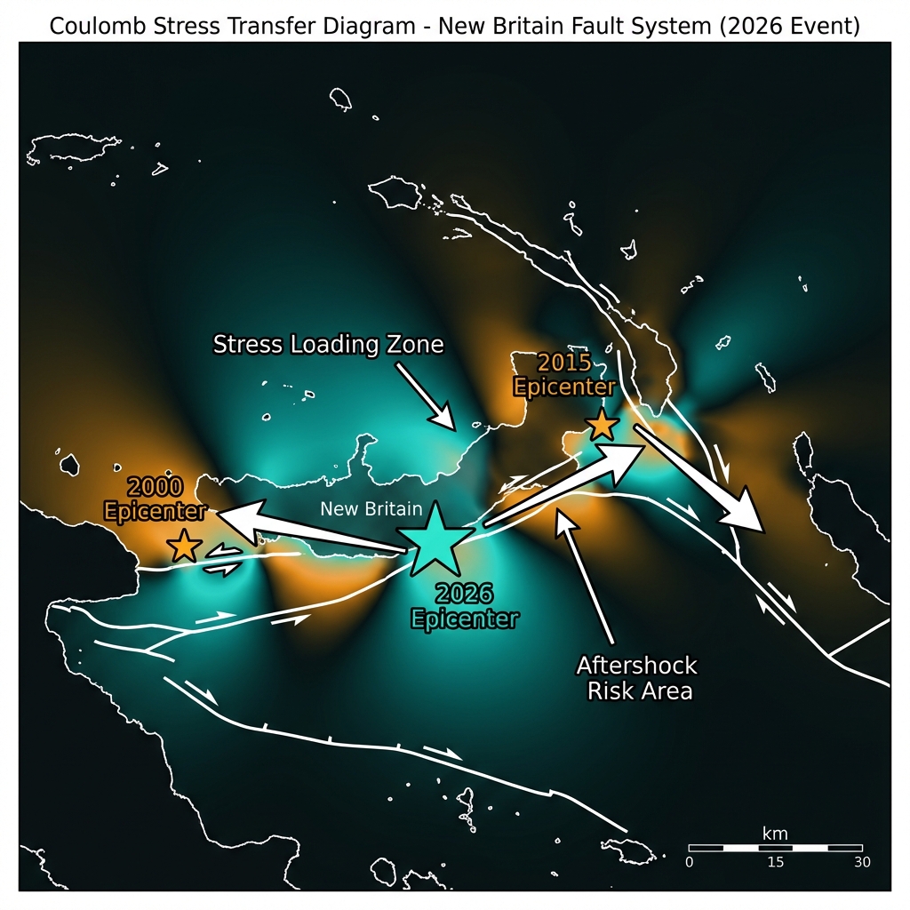 Map diagram showing stress transfer patterns between the 2026 earthquake and previous major seismic events in the region