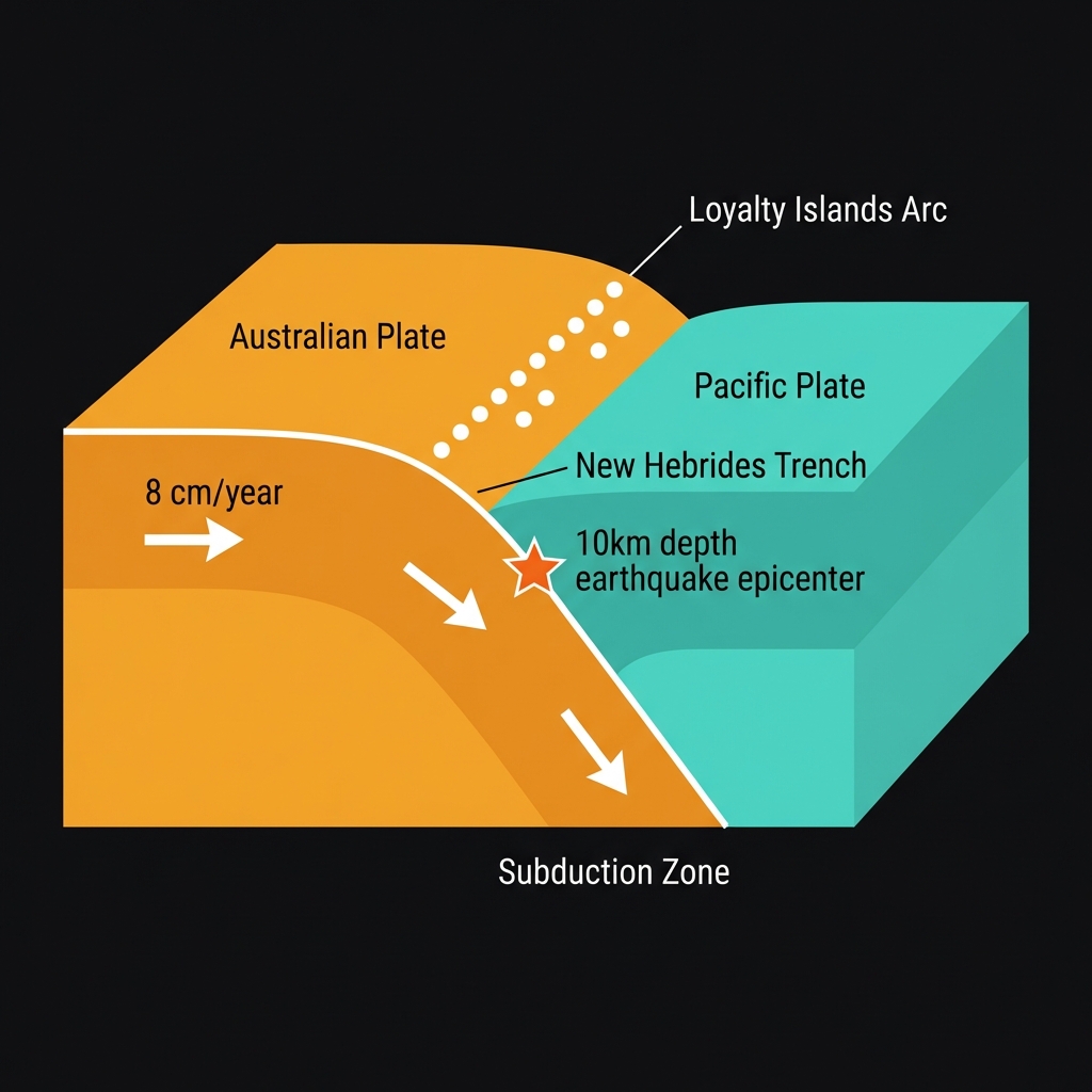 Scientific diagram showing the Australian Plate subducting beneath the Pacific Plate along the New Hebrides Trench with the Loyalty Islands positioned on the overlying plate