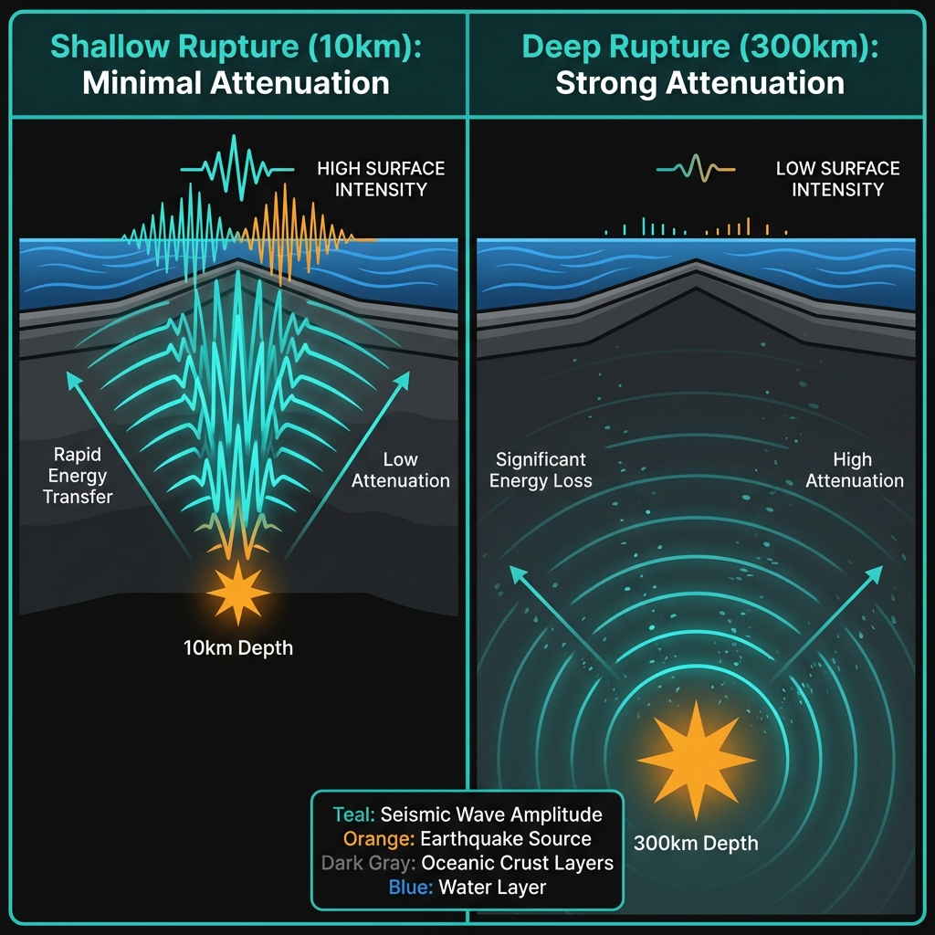 Diagram comparing how seismic waves from a shallow 10km earthquake maintain high energy at the surface while waves from a deep 300km earthquake spread out and weaken significantly