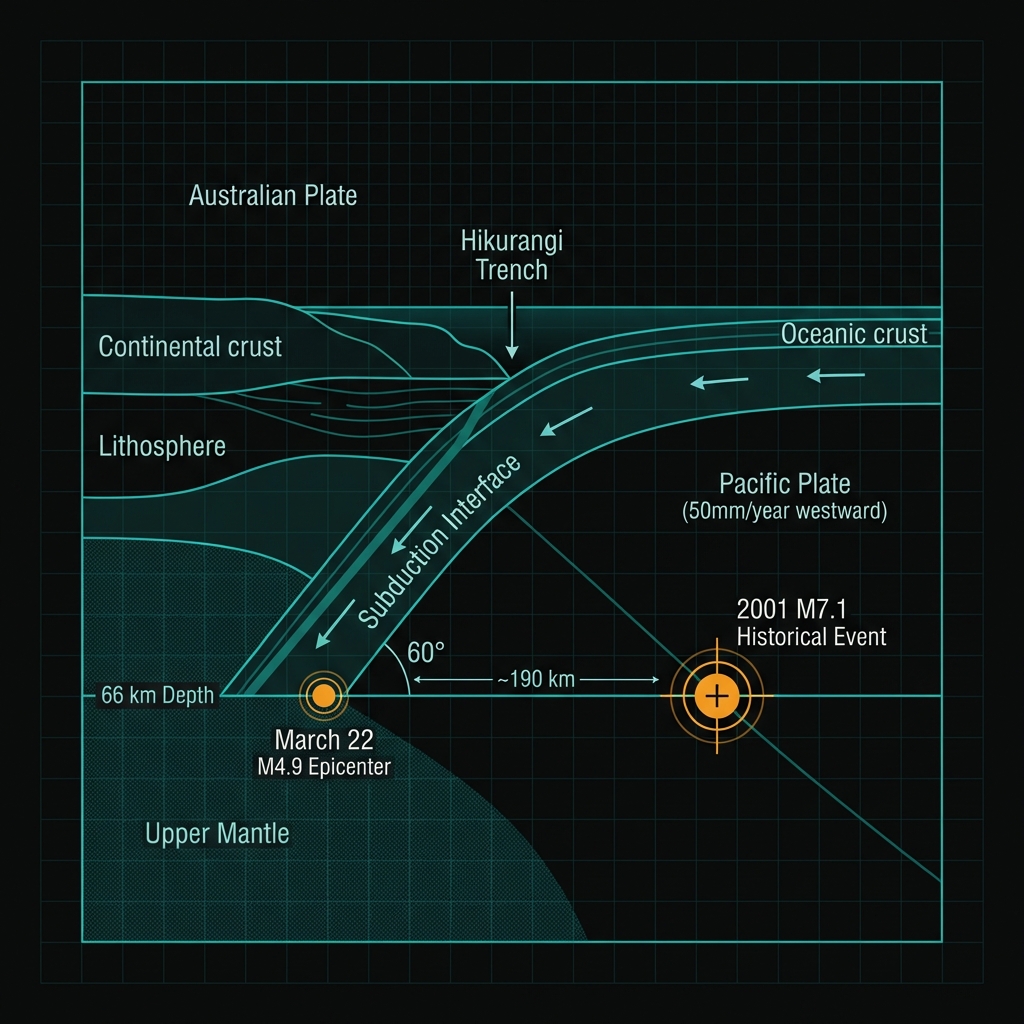 Diagram showing the cross-section of the Hikurangi subduction zone with Pacific Plate diving beneath Australian Plate, marking the depth and location of recent and historical earthquakes