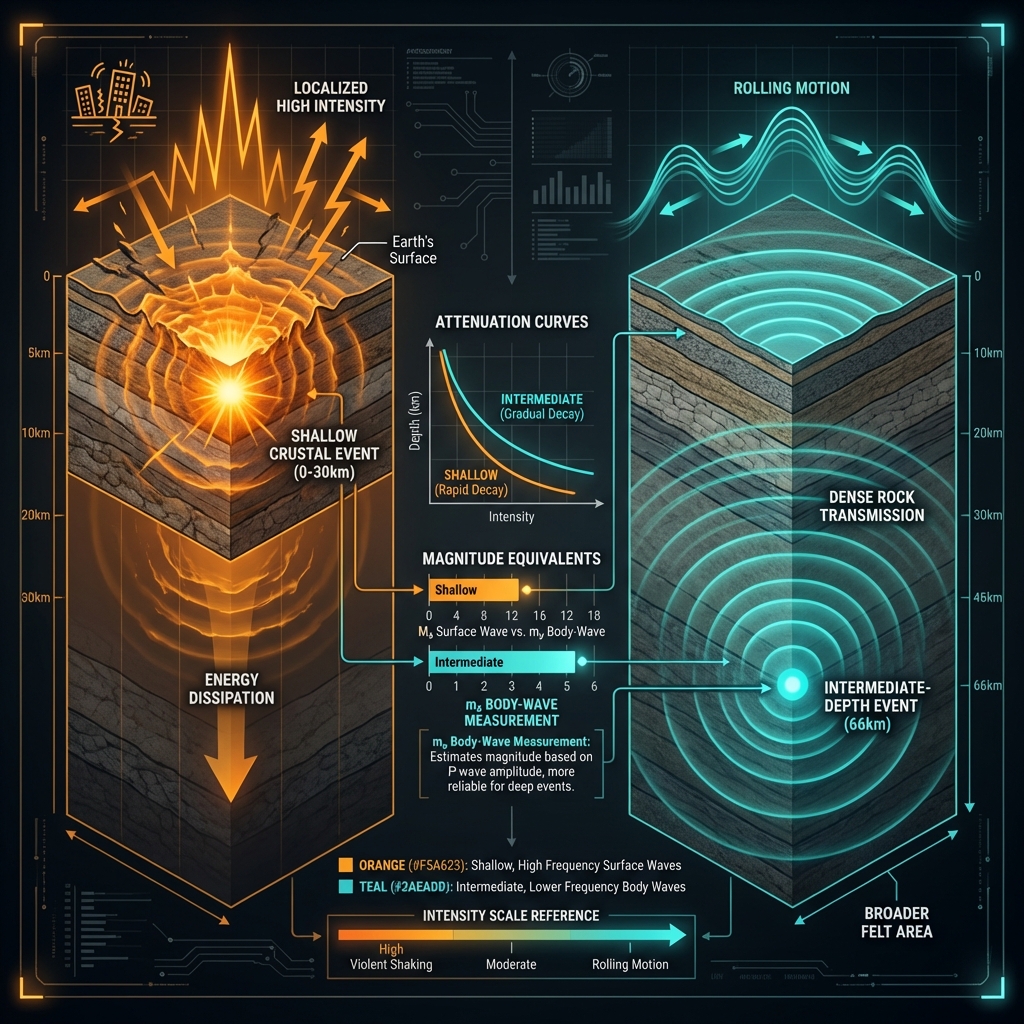 Diagram comparing how shallow and deep earthquakes transmit energy differently through the Earth's crust