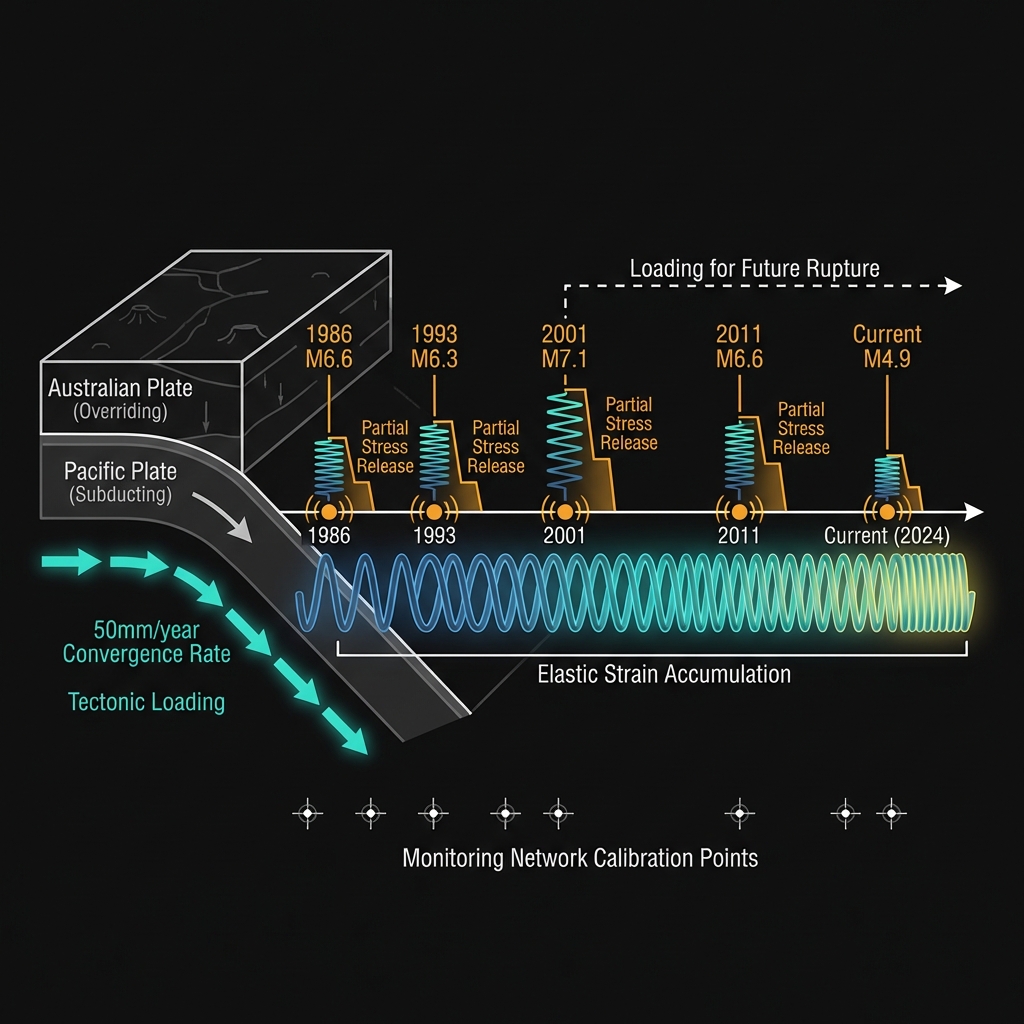 Timeline diagram showing historical earthquakes and accumulated tectonic stress along the Hikurangi subduction zone over decades