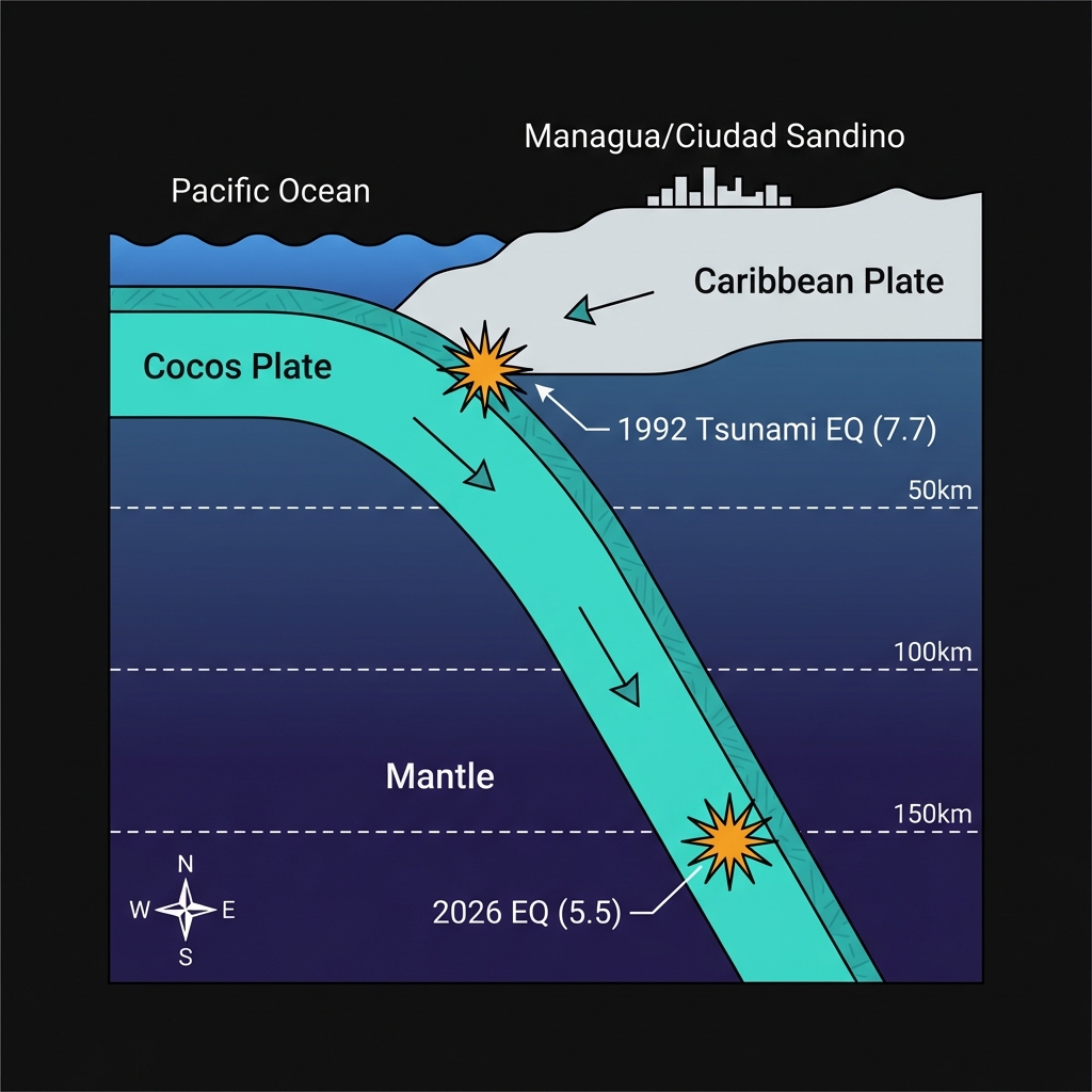 Cross-section diagram of the Middle America Trench showing the Cocos Plate subducting beneath the Caribbean Plate, with markers indicating shallow and deep earthquake locations