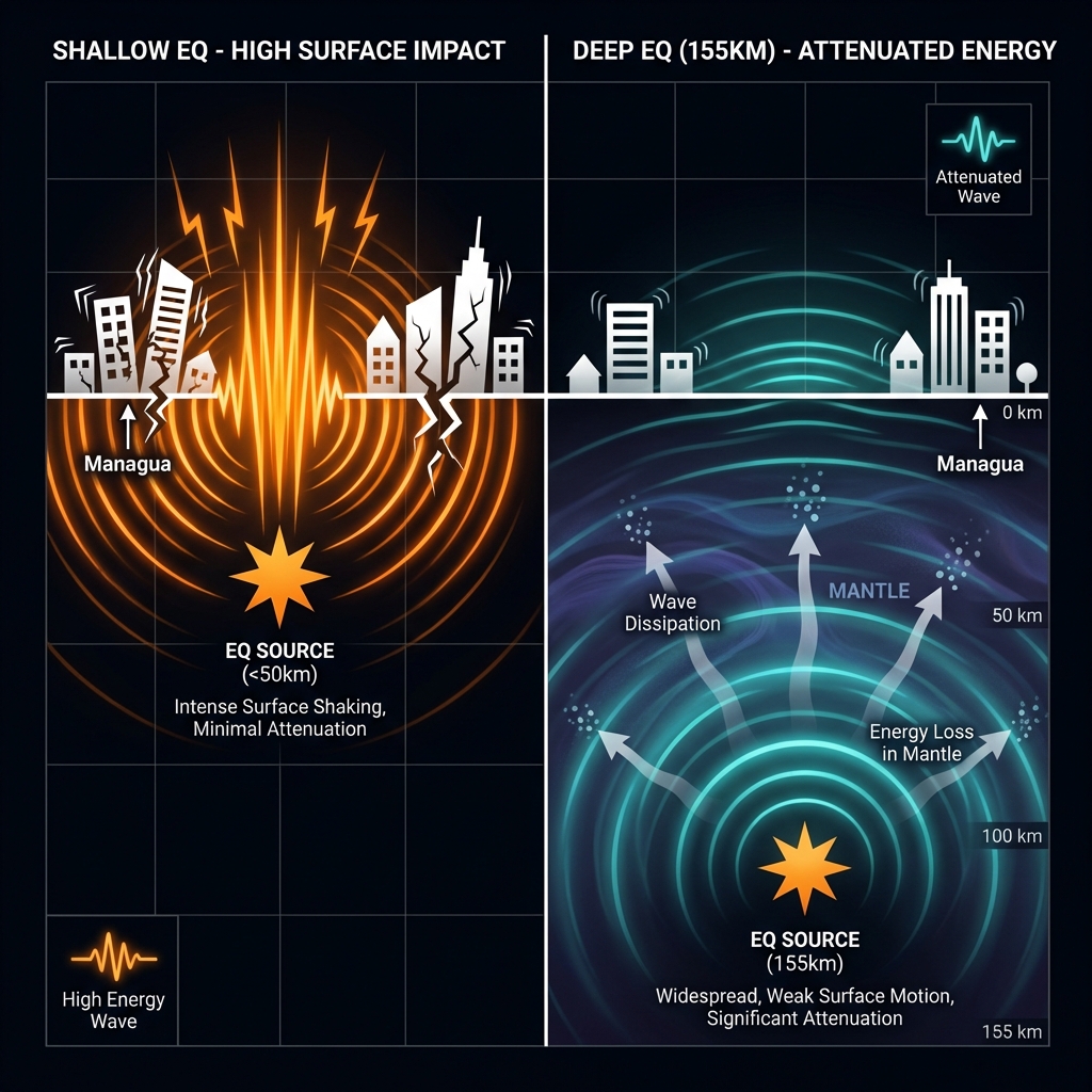 Diagram comparing seismic wave propagation from shallow versus deep earthquakes, showing energy dissipation through Earth's mantle