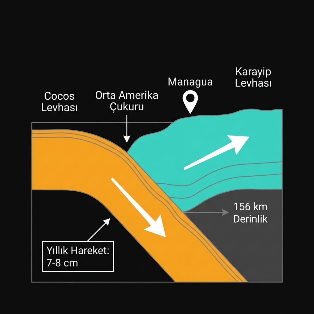 Diagram showing the Cocos Plate subducting beneath the Caribbean Plate at the Middle America Trench, with Managua located above the subduction zone