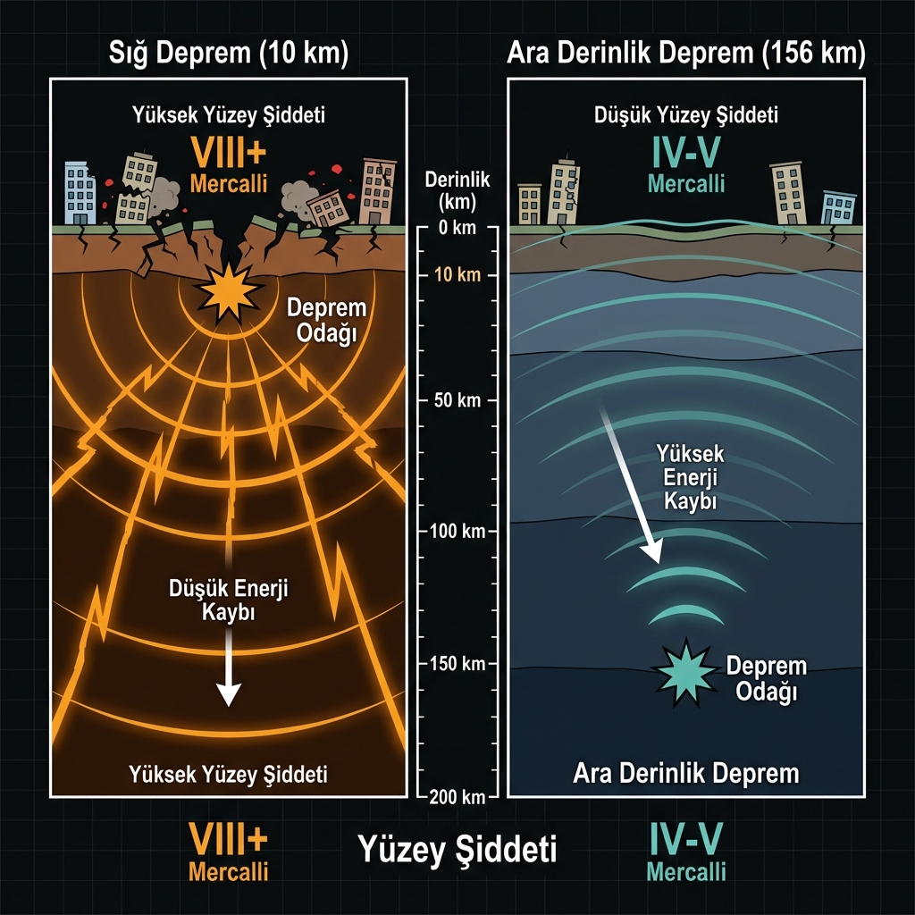 Comparison diagram showing how a 5.5 magnitude earthquake at 10km depth causes severe surface shaking while the same magnitude at 156km depth produces only light vibrations due to energy attenuation