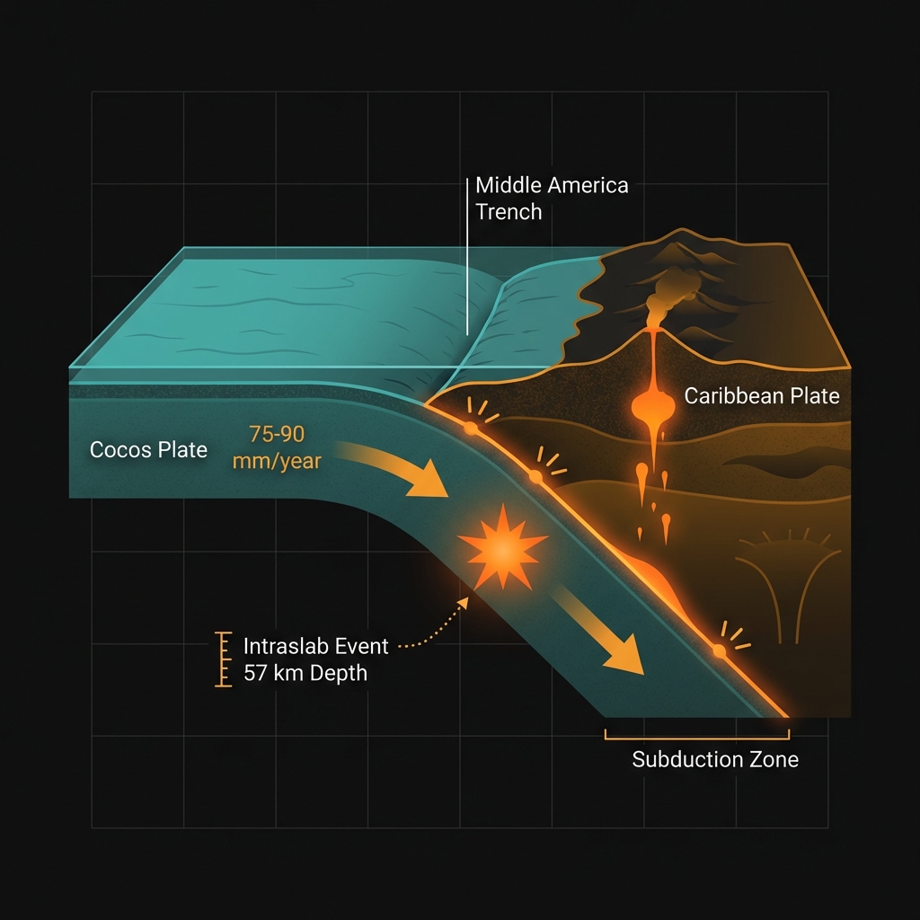 Diagram showing the Cocos Plate subducting beneath the Caribbean Plate along the Middle America Trench at 57km depth