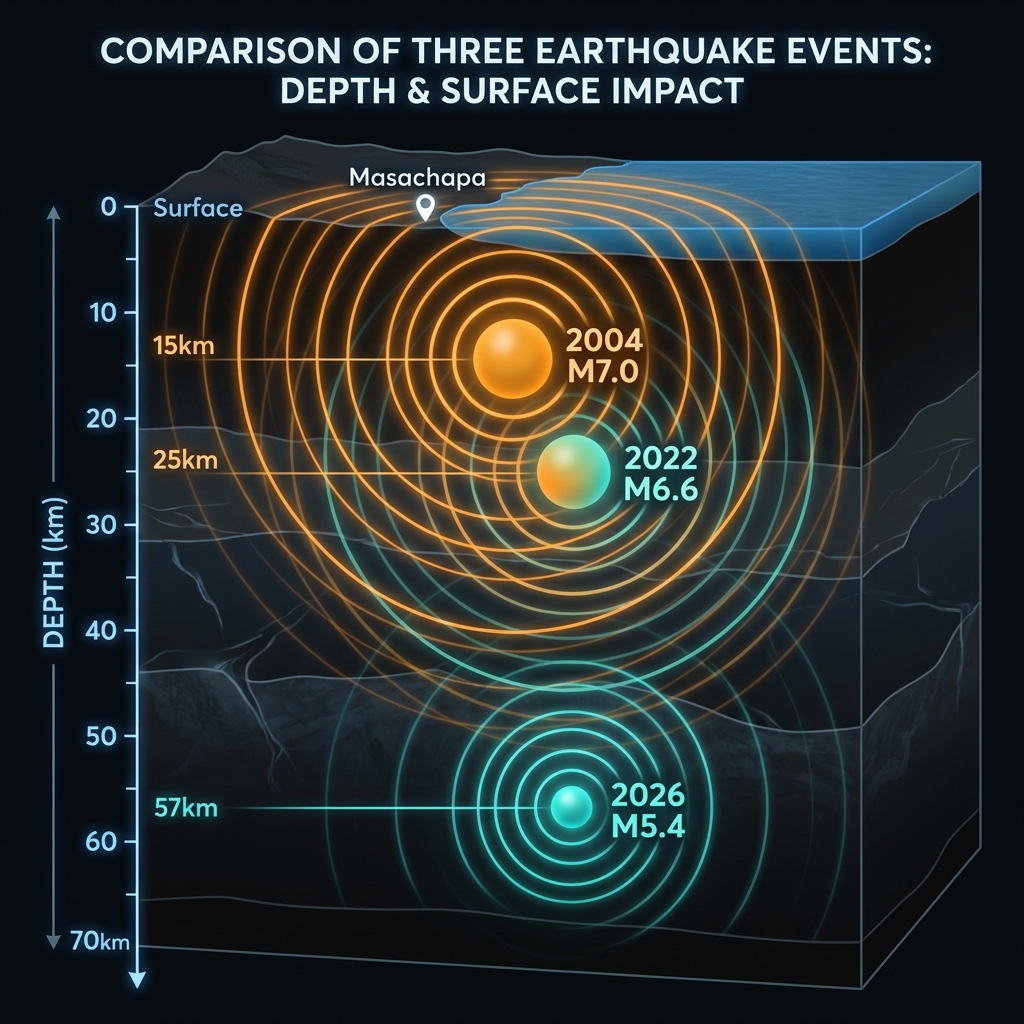 Depth comparison diagram showing the 2004, 2022, and 2026 earthquakes at increasing depths with corresponding magnitude and intensity differences